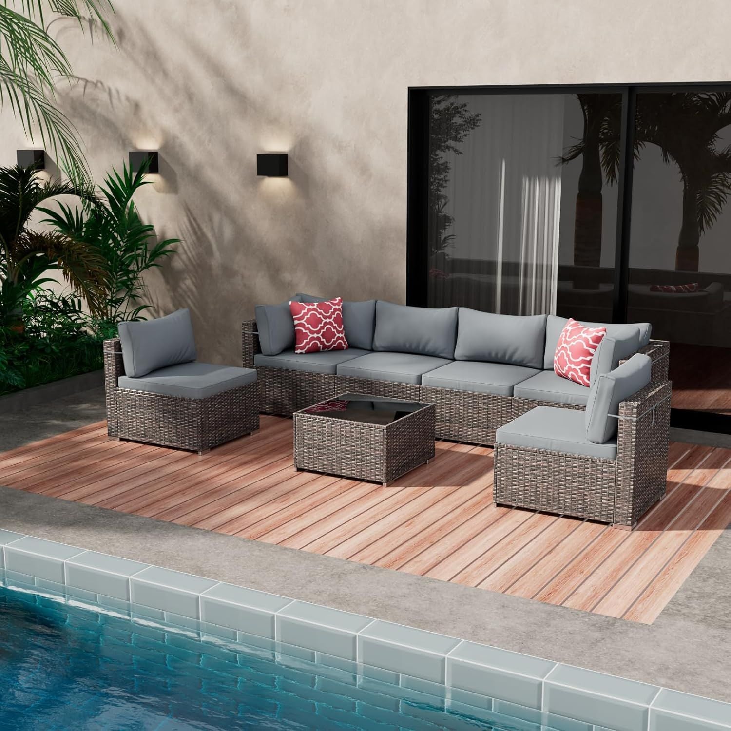 7 Pieces Outdoor Patio Furniture Set, Wicker Patio Conversation Sectional Sofa Set, All Weather PE Rattan Sofa with Glass Table and Cushions