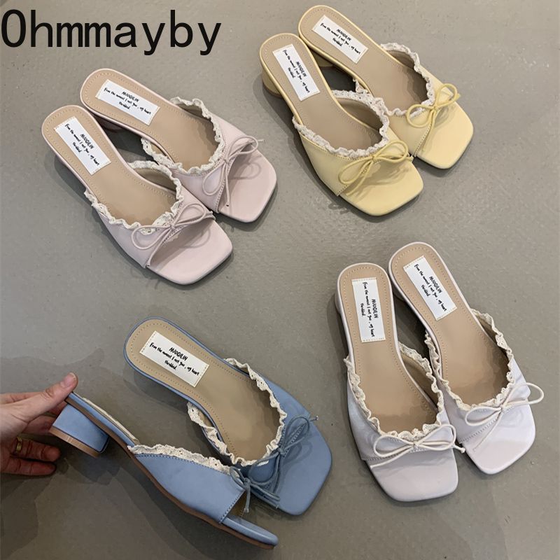 Designer Summer Butterfly-knot Lace Women Slippers Casual Thick Low Heel Dress Street Style Slides