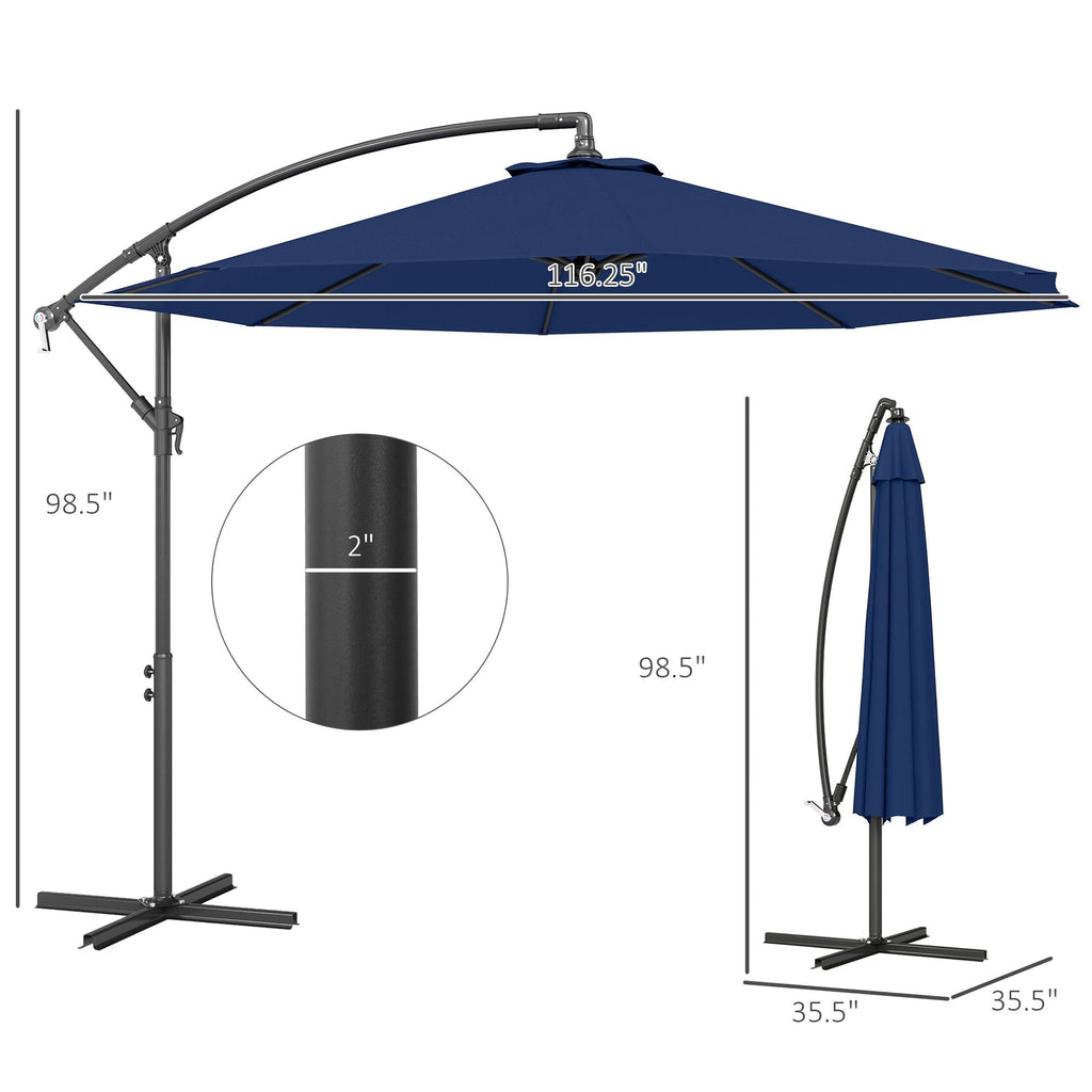 Outsunny 10' Cantilever Tilt Offset Patio Umbrella w/ UV & Water Safe Material & Cross Base (Weight Not Included), Navy Blue