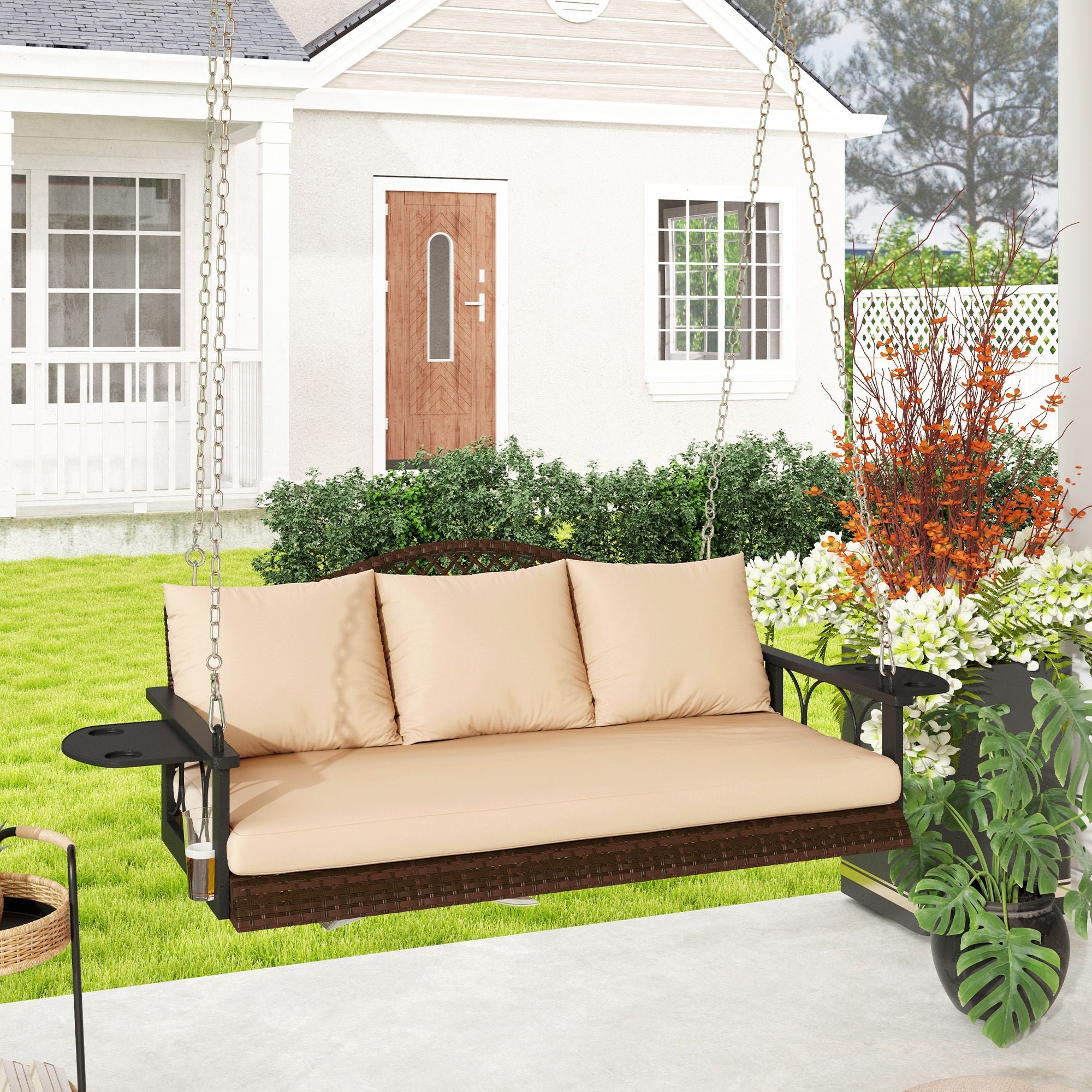 Outsunny 3 Person Wicker Hanging Outdoor Patio Porch Swing Bench with Cup Holders, Cushions, and Chains, Brown