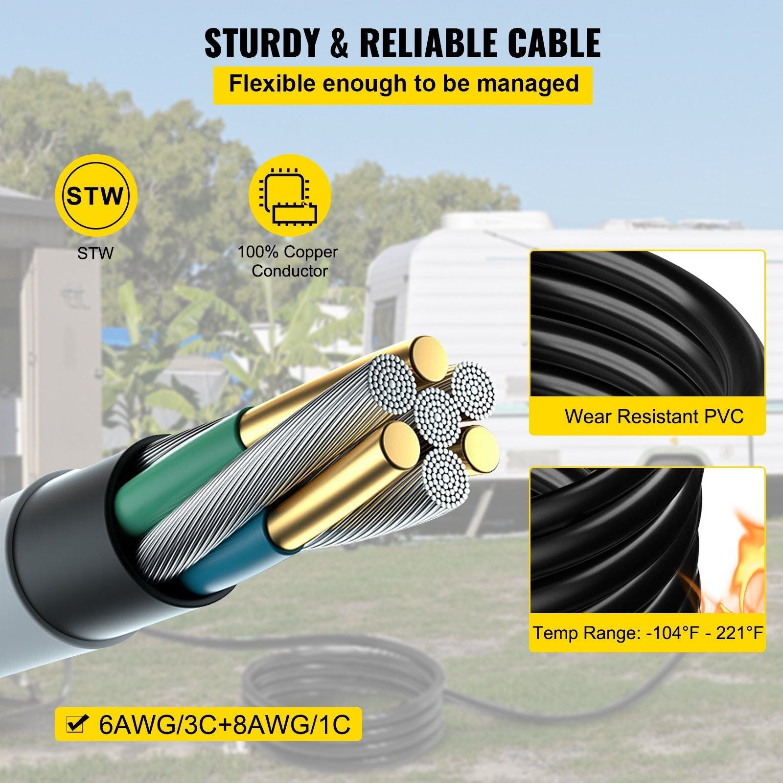 VEVOR 20Ft 50 Amp Generator Extension Cord STW 6/3 + 8/1 Generator Cord 125V 250V Generator Power Cord N14-50P & SS2-50R & CS6364 Twist Lock Connectors