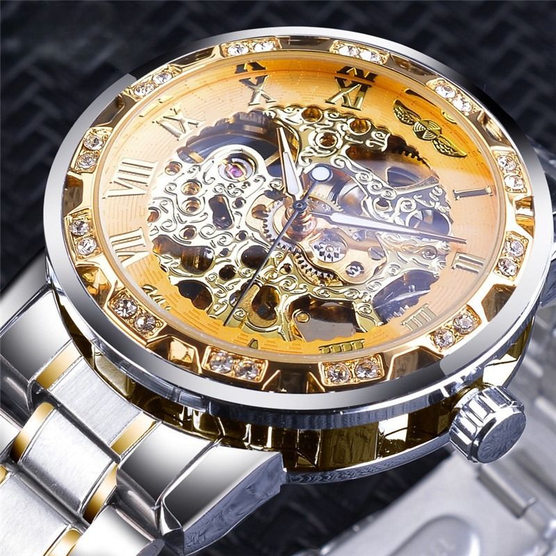 Fashion Casual Classic Popular Skeleton Rhinestone Manual Mechanical Watch Identity Status