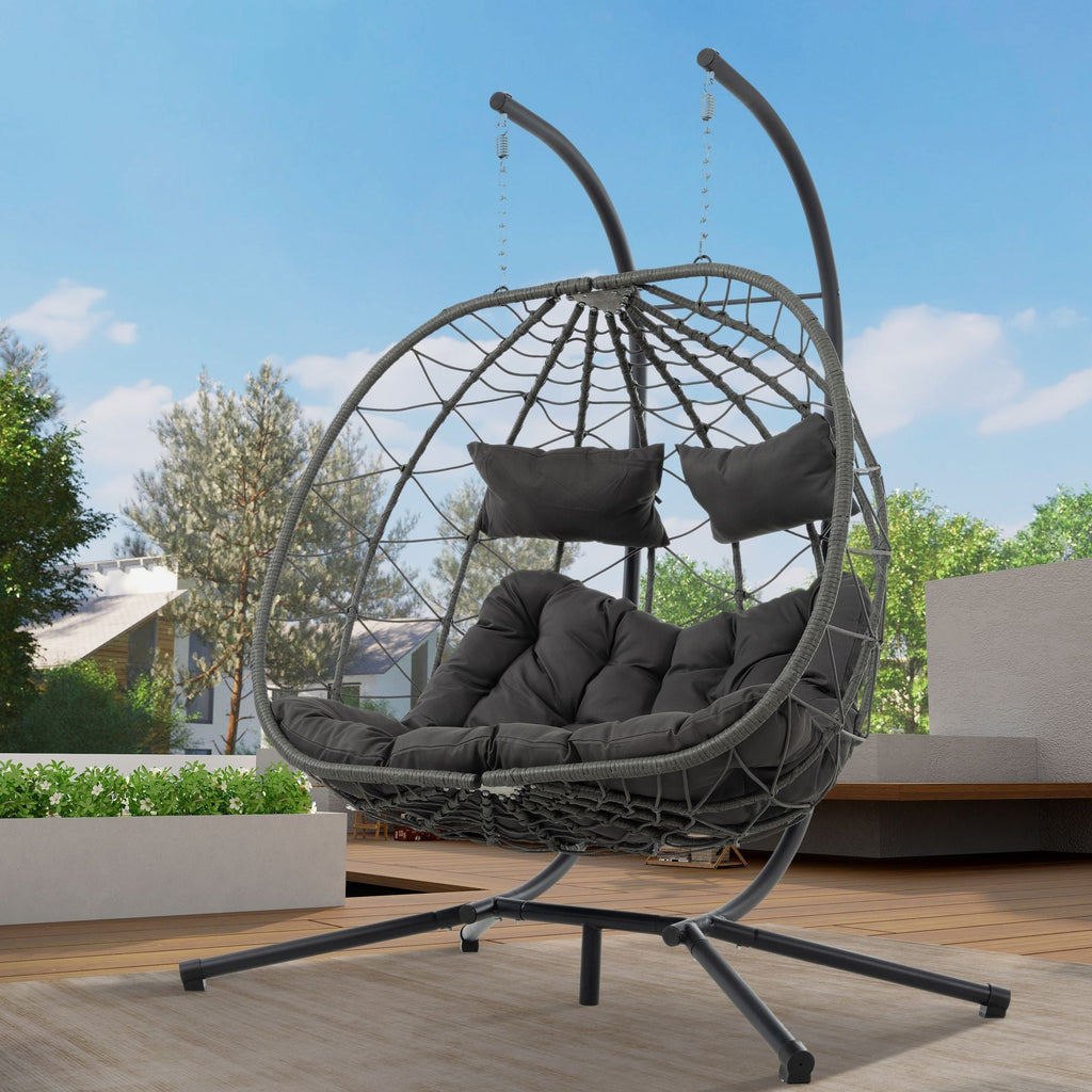 2 Persons Egg Chair with Stand Indoor Outdoor Swing Chair Patio Wicker Hanging Egg Chair Hanging Basket Chair with Stand for Bedroom Living Room Balcony