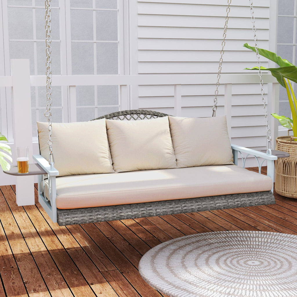 Outsunny 3 Person Wicker Hanging Outdoor Patio Porch Swing Bench with Cup Holders, Cushions, and Chains, Natural
