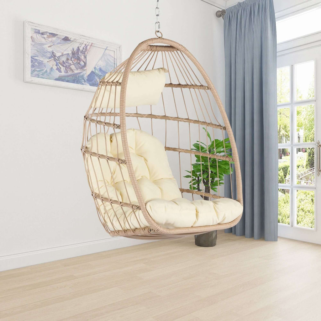 Outdoor Garden Egg-Shaped Wicker Hanging Chair, Wood Frame with Khaki Cushion, Patio Swing Chair for Porch, Balcony, Backyard, Indoor/Outdoor Use, Comfortable and Stylish Lounger Seat