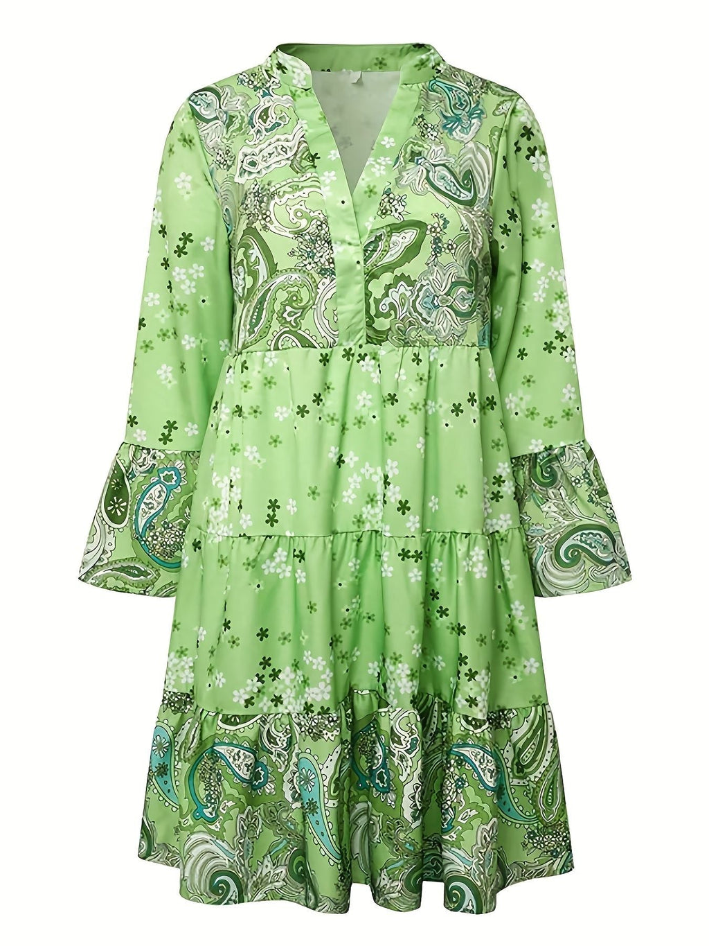 Floral Print Ruffle Hem Dress; Boho Holiday Long Sleeve V-neck Dress; Women's Clothing