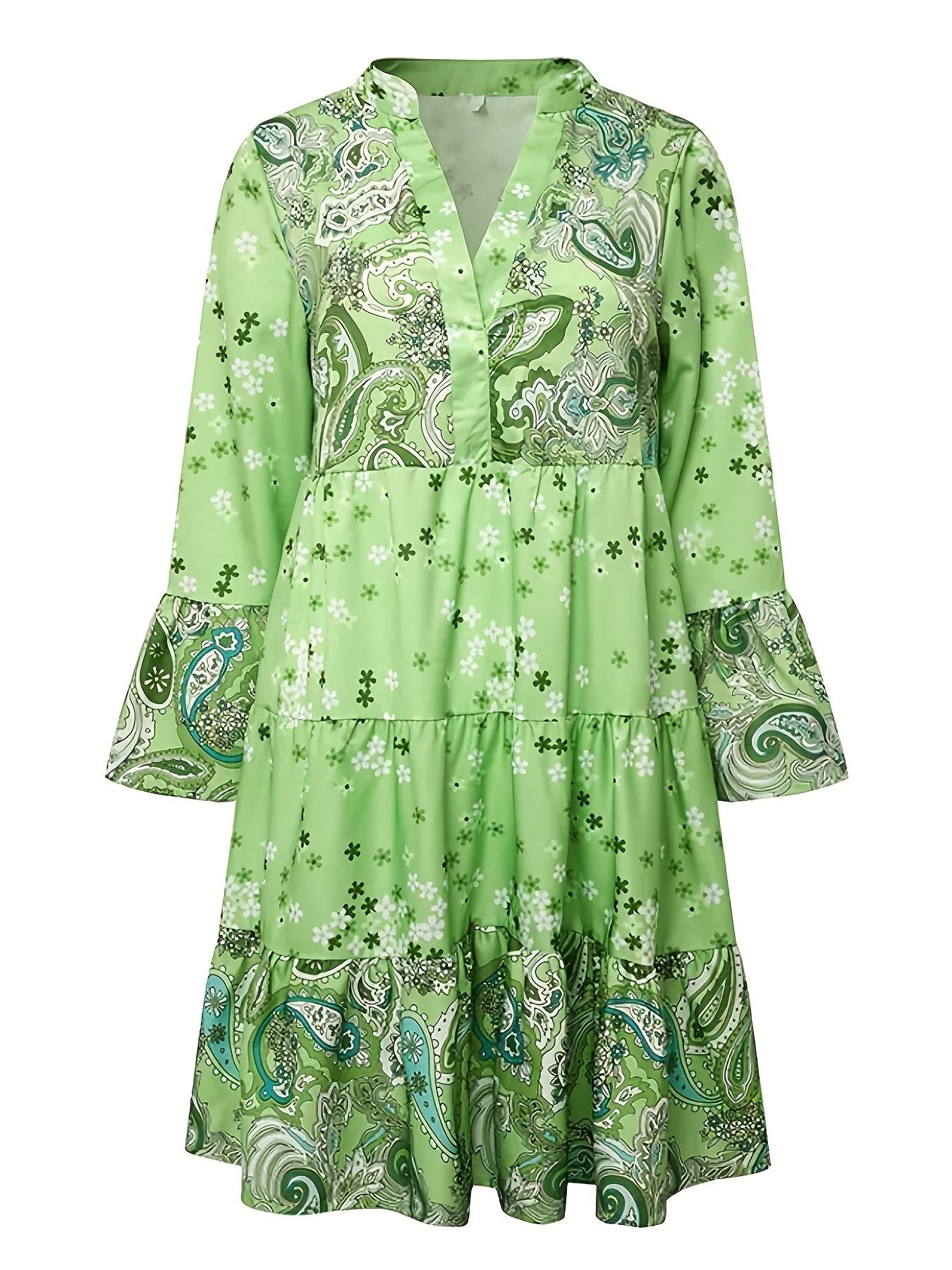 Floral Print Ruffle Hem Dress; Boho Holiday Long Sleeve V-neck Dress; Women's Clothing