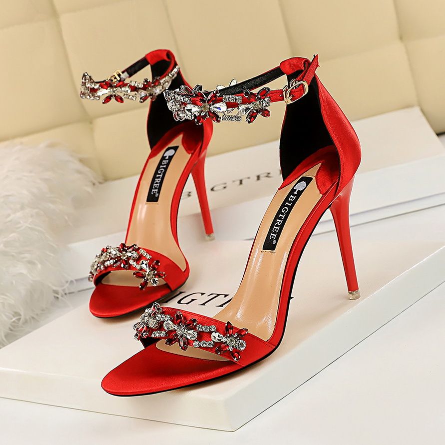 Women's Pumps; Sexy high-heeled shoes; formal women's shoes for banquet party; thin heel high-heeled shoes; satin open toe rhinestone one word sandals