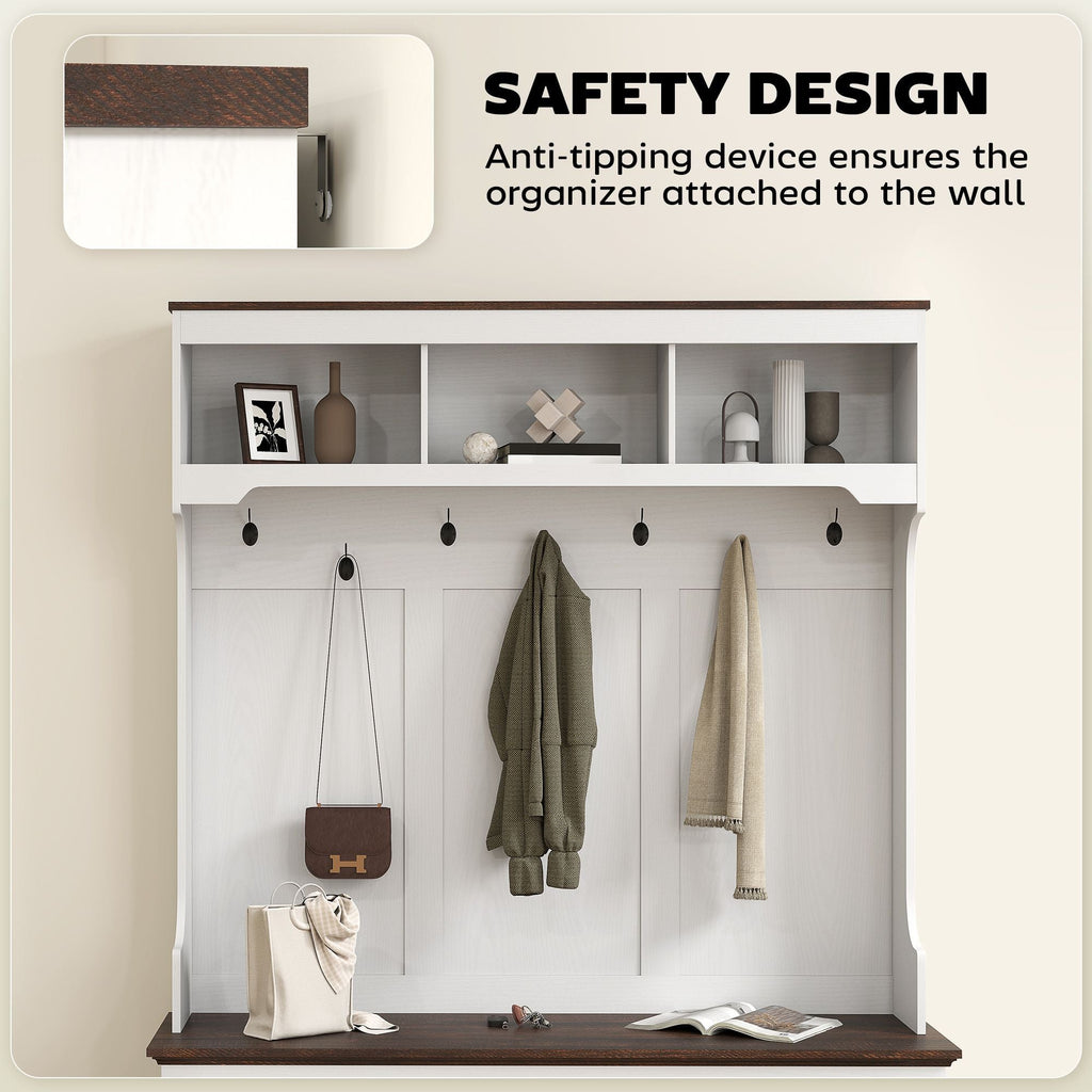 HOMCOM 3-in-1 Hall Tree with Shoe Storage, Coat Rack with Bench, Entryway Furniture with Hooks, White Wood Grain