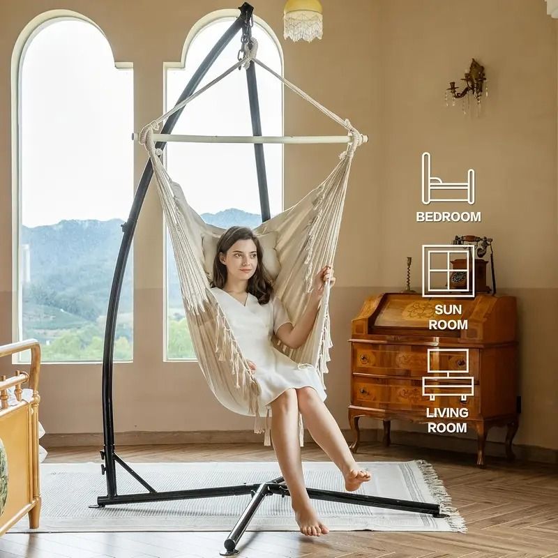 Heavy Duty Hammock Chair Stand C Shaped Solid Steel Hanging Chair Frame with Spring Hook and Buckle Indoor Outdoor Patio Deck Treehouse Porch Lounger Support Structure 330 lbs Capacity