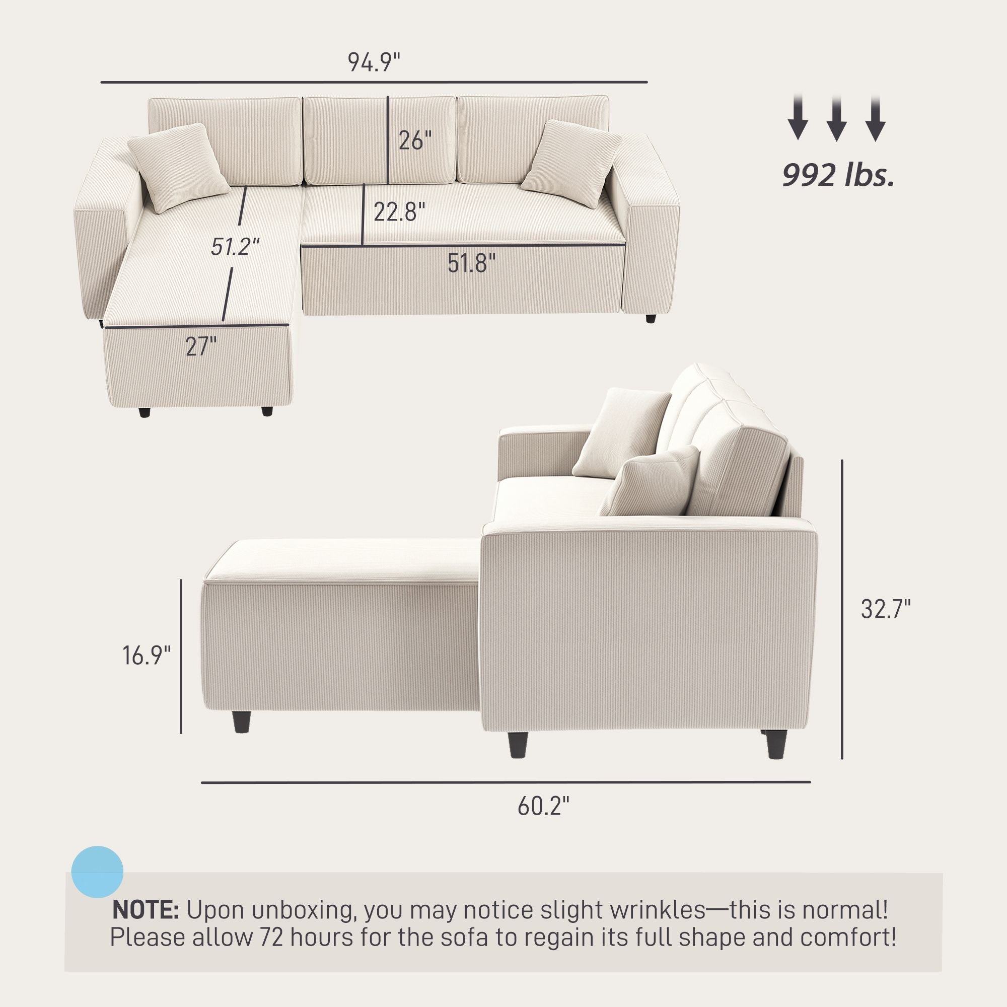HOMCOM Corner Sofa with Reversible Chaise Lounge, Corduroy L-Shaped Sectional Sofa with Pocket Spring, Cream White