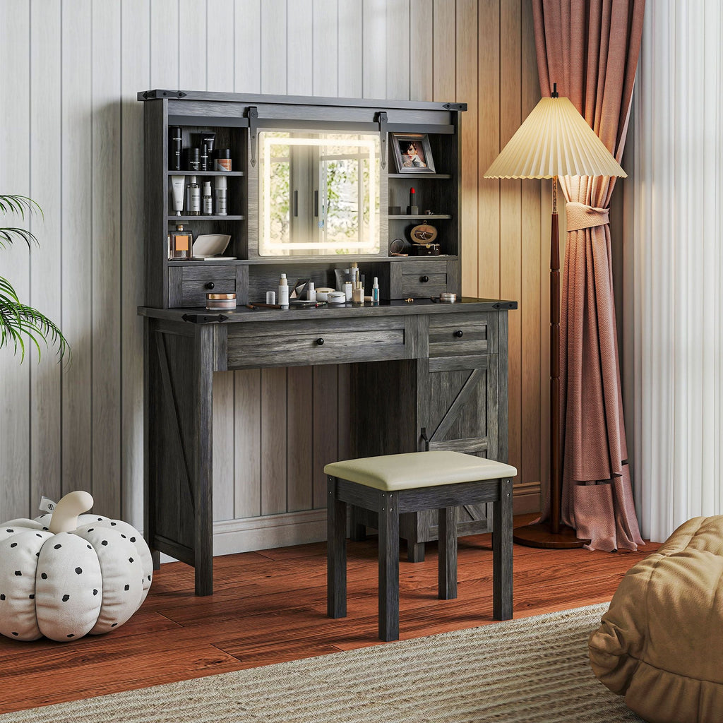 HOMCOM Vanity Desk Set with Mirror and Lights, Cushioned Stool, Storage Drawer, Cabinet, Shelves for Bedroom, Gray