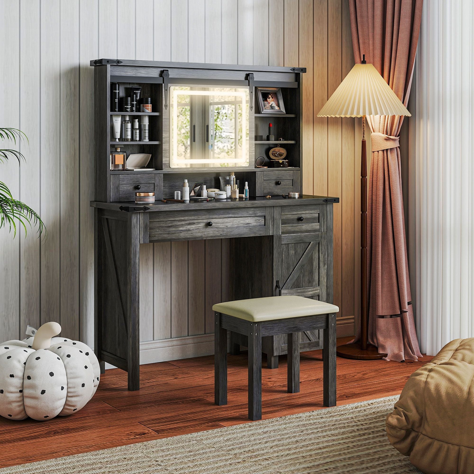 HOMCOM Vanity Desk Set with Mirror and Lights, Cushioned Stool, Storage Drawer, Cabinet, Shelves for Bedroom, Gray