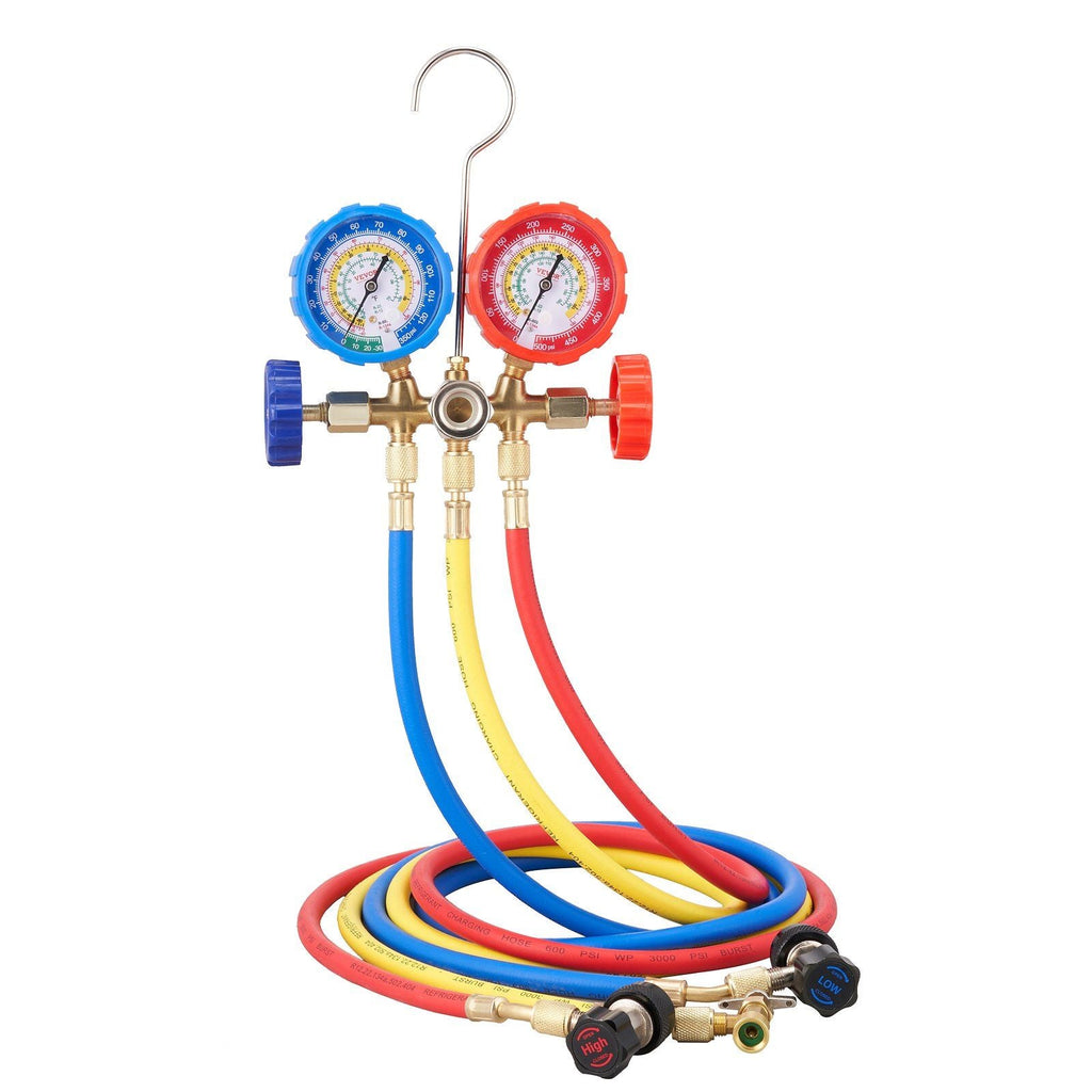VEVOR AC Gauge Set - 3 Way AC Manifold Gauge Set for R134A R22 R12 R502 Refrigerant, Freon Gauges with 5ft Hoses, Couplers, Can Tap Works on Car Auto Freon Charging and Evacuation