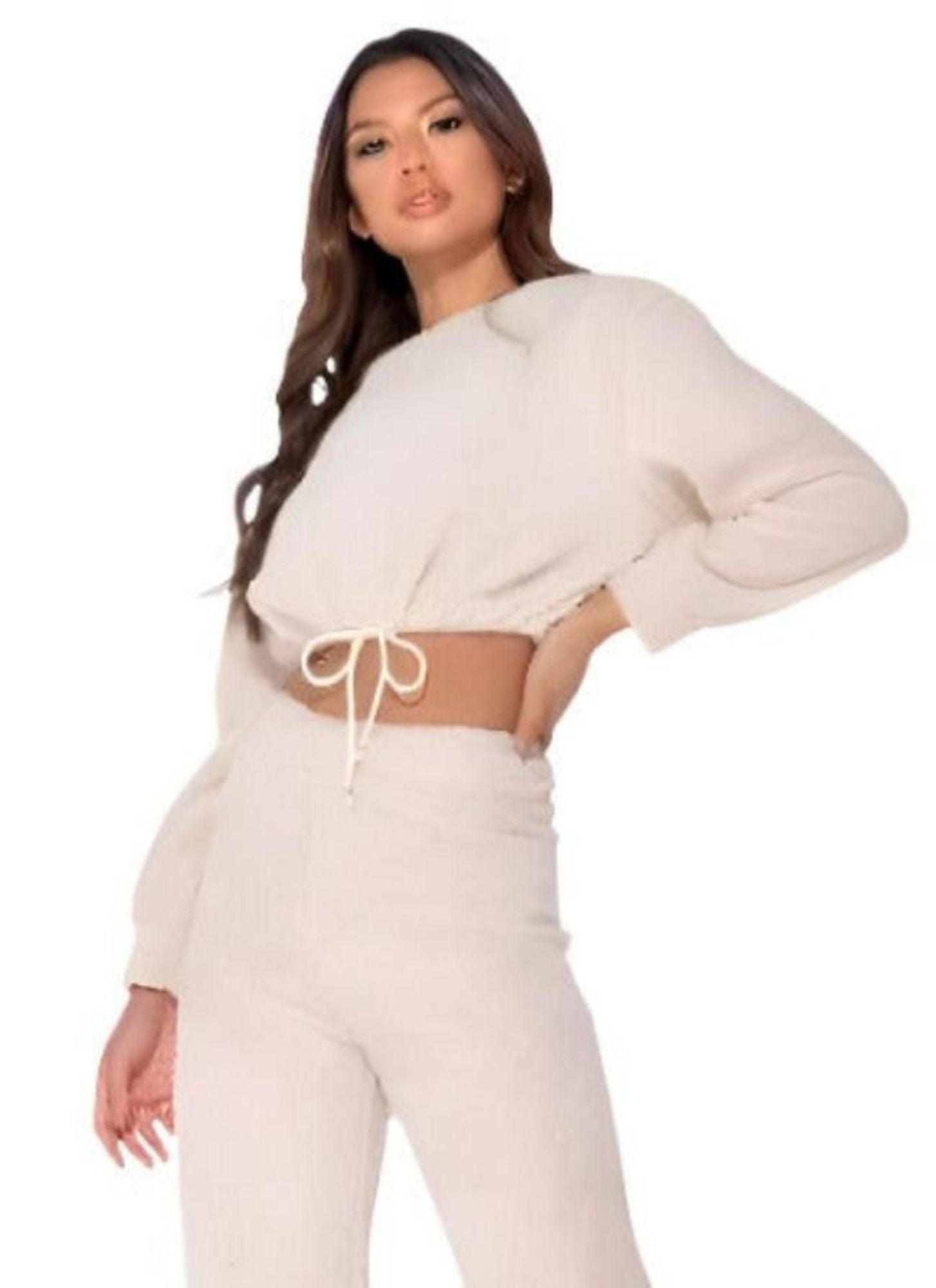 BEIGE TEDDY BORG CROPPED TOP & JOGGER LOUNGE SET