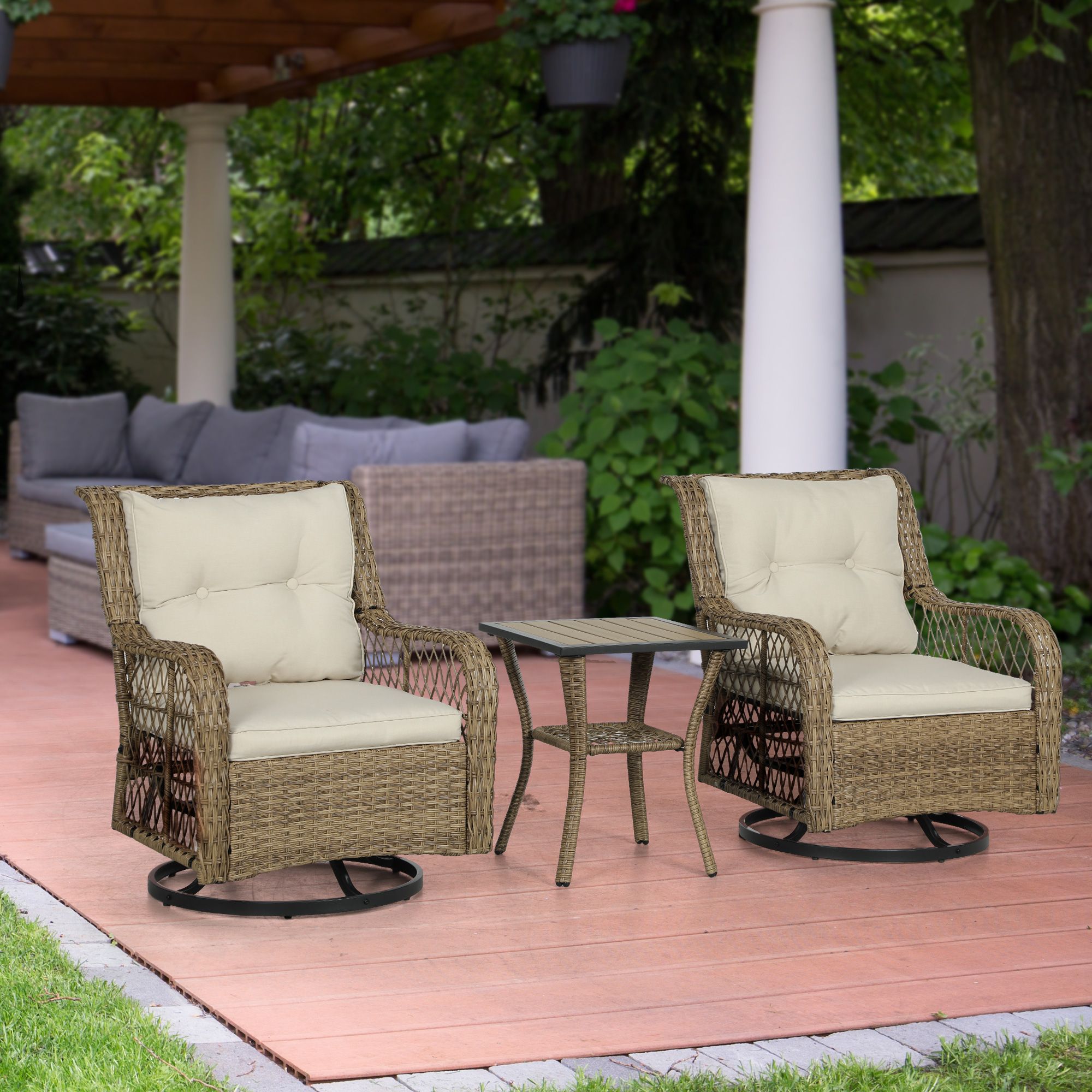 Outsunny 3 Piece Outdoor Bistro Set, Wicker Small Patio Furniture Set with Swivel Glider Chairs for Balcony, Porch, Beige