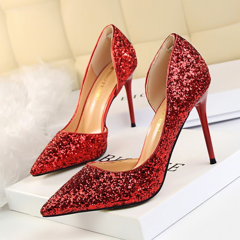 Women's Pumps; sexy women's high-heeled shoes; thin heel pointed leather shoes; hollow sides; sequins decoration