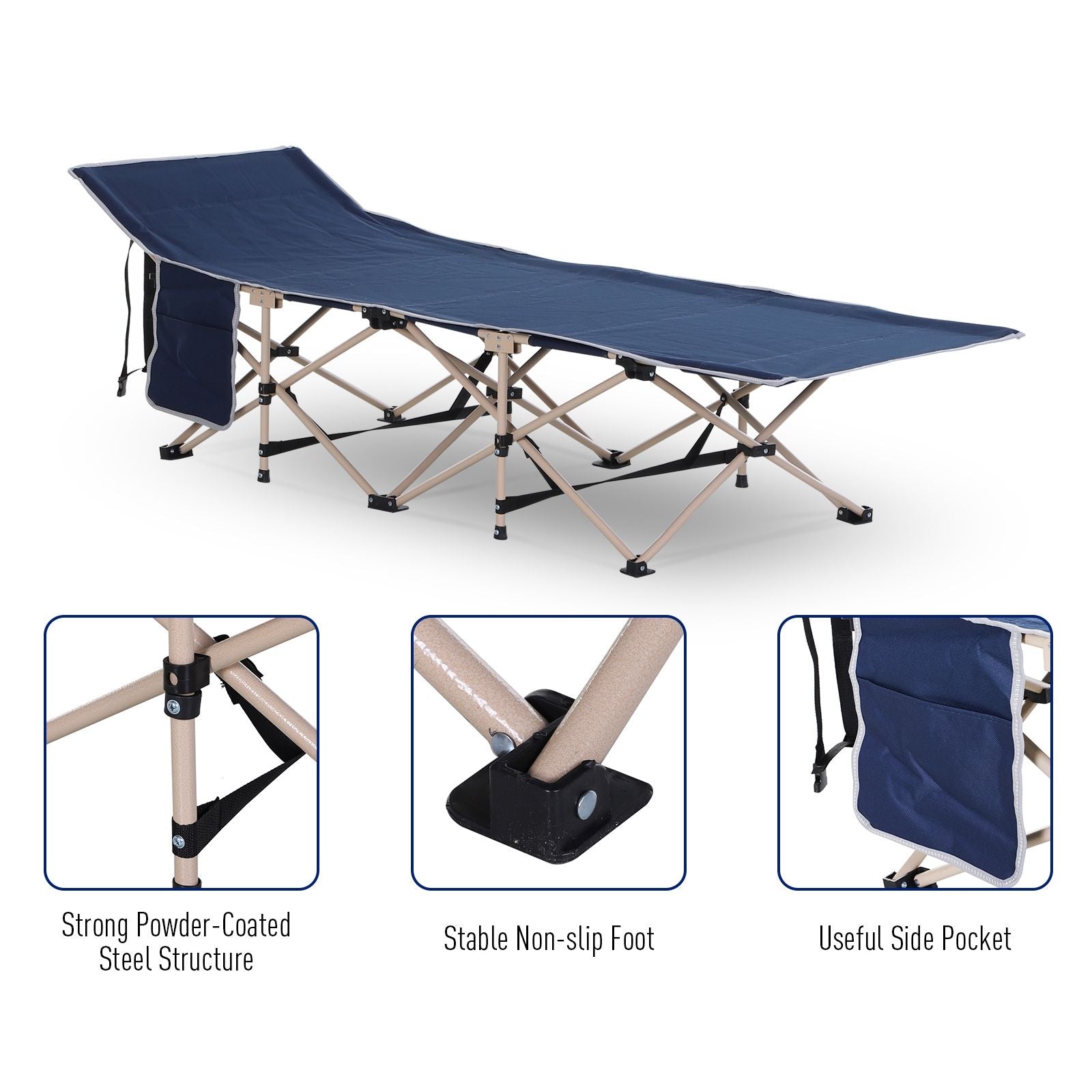 Folding Camping Cots for Adults with Carry Bags, Side Pockets, Outdoor Portable Sleeping Bed for Travel Camp Vocation, Blue