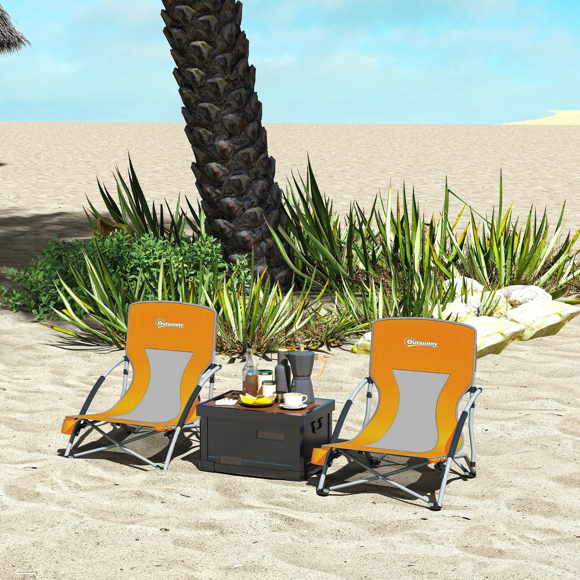 Set of 2 Folding Beach Chairs with Mesh Back, Carry Bag and Cup Holder for Outdoor Camping Lawn Sports Picnic, Orange