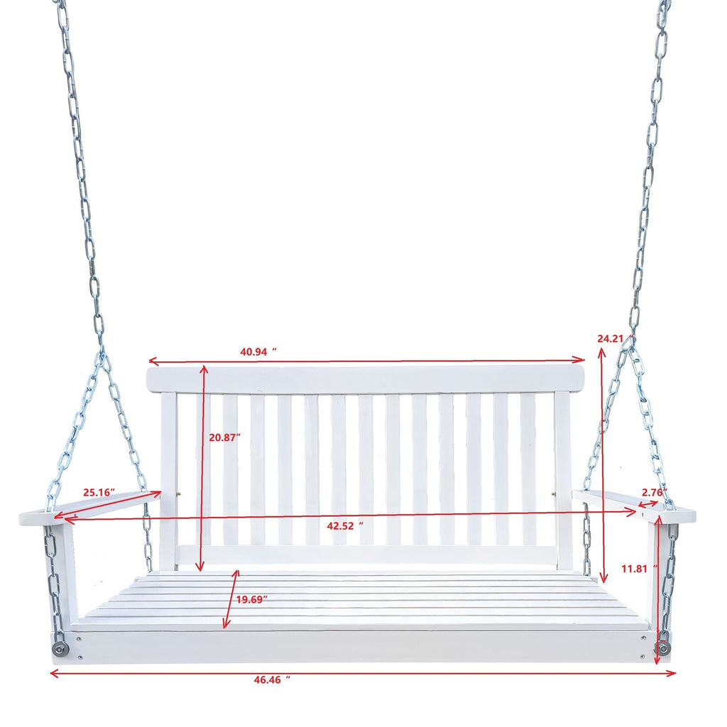 Front Porch Swing with Armrests;  Wood Bench Swing with Hanging Chains; for Outdoor Patio ; Garden Yard;  porch;  backyard;  or sunroom; Easy to Assemble; white