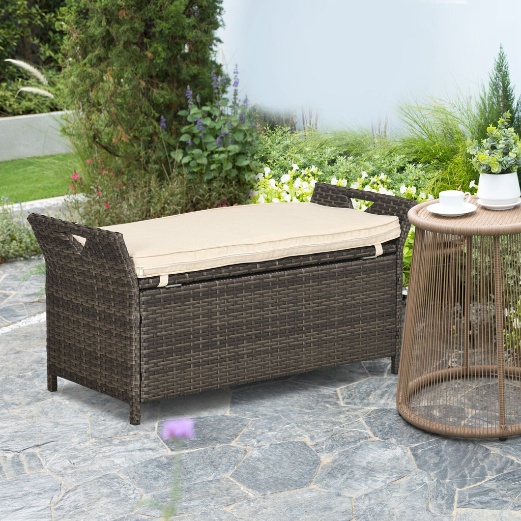 Outsunny Wicker Storage Bench Cream White Outdoor Patio PE Rattan Large Capacity