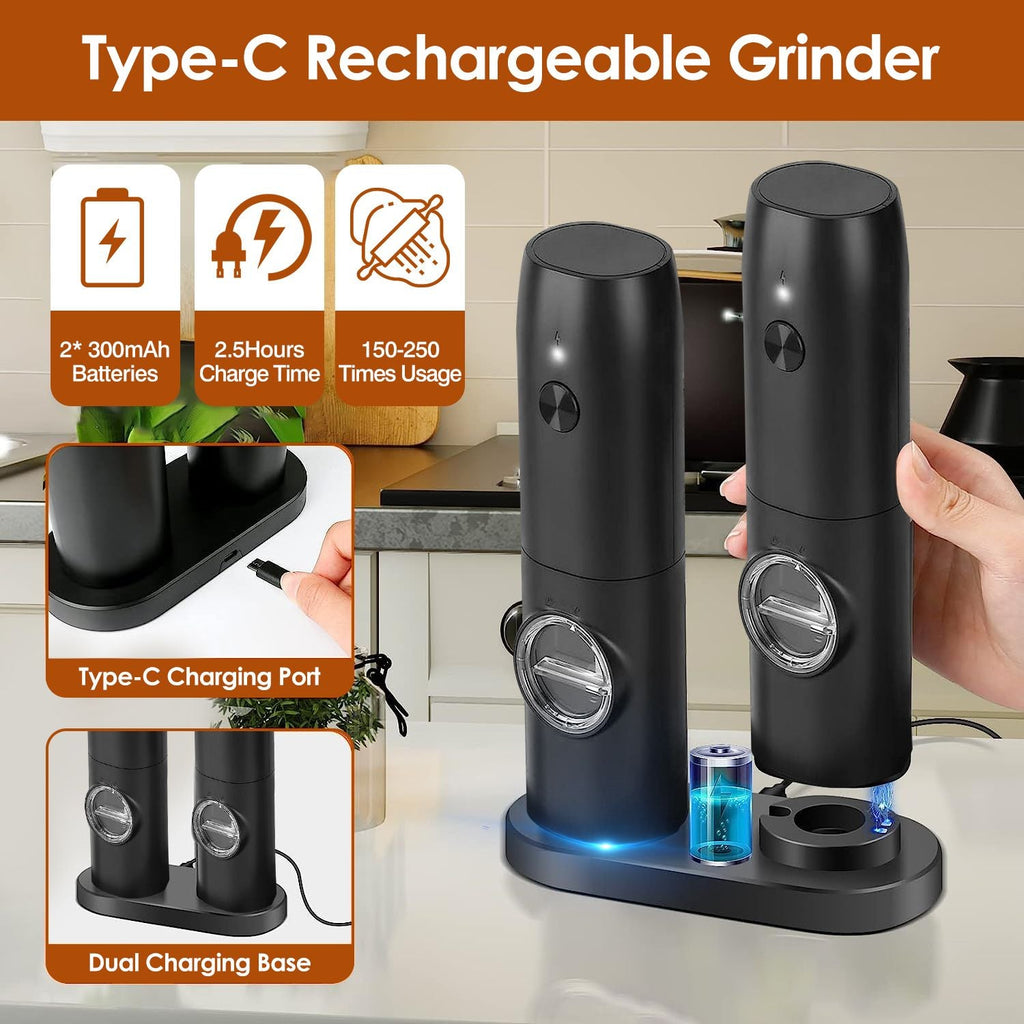 Electric Salt and Pepper Grinder Rechargeable Charging Base Automatic Salt Mill LED Indicator Adjustable Coarseness One Hand Easy Operation