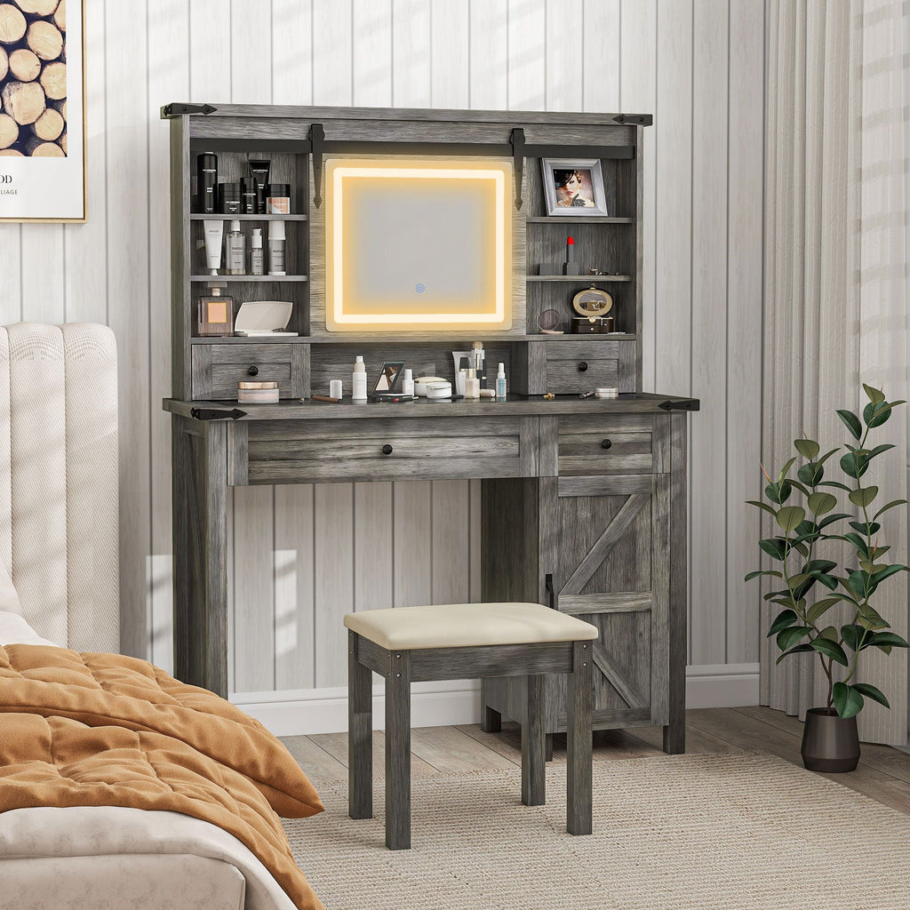 HOMCOM Vanity Desk Set with Mirror and Lights, Cushioned Stool, Storage Drawer, Cabinet, Shelves for Bedroom, Gray