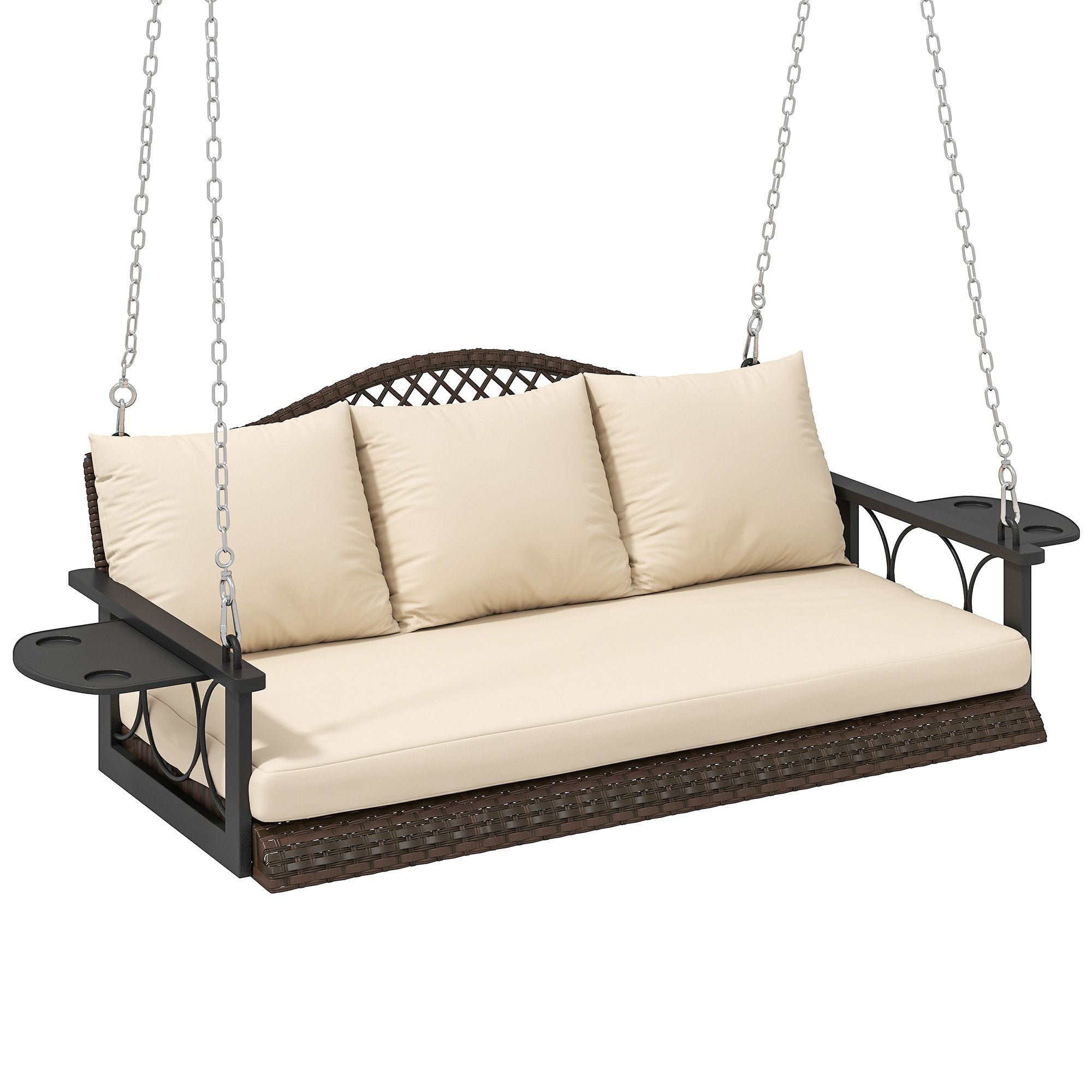 Outsunny 3 Person Wicker Hanging Outdoor Patio Porch Swing Bench with Cup Holders, Cushions, and Chains, Brown