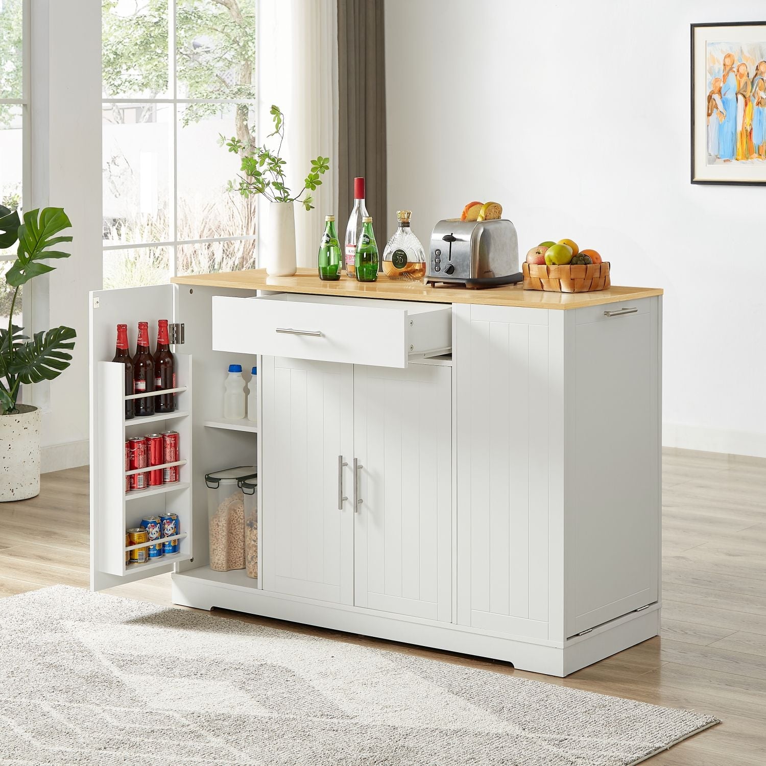 53'' Kitchen Storage Islands with Drawers and Trash Can Storage for Kitchen & Dining. Modern Farmhouse Design, White, 53.2"W x 20.9"D x 38.0"H.