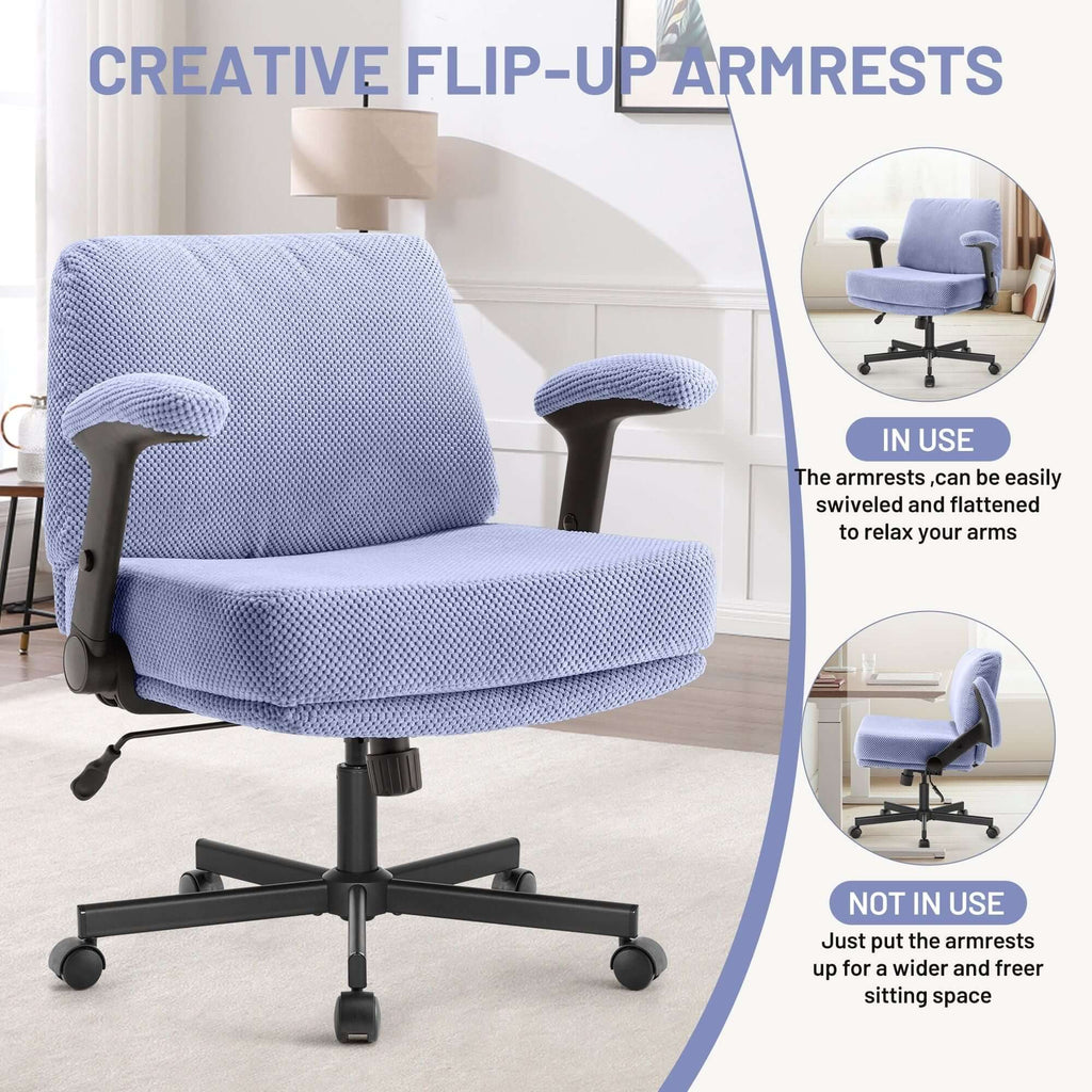 Criss Cross Chair with Wheels and Flip Arms- Comfy Fabric Cross Legged Office Chair with Thick Cushion&Wide Seat, Adjustable Swivel Desk Chair for Home Office, Apartment, Bedroom