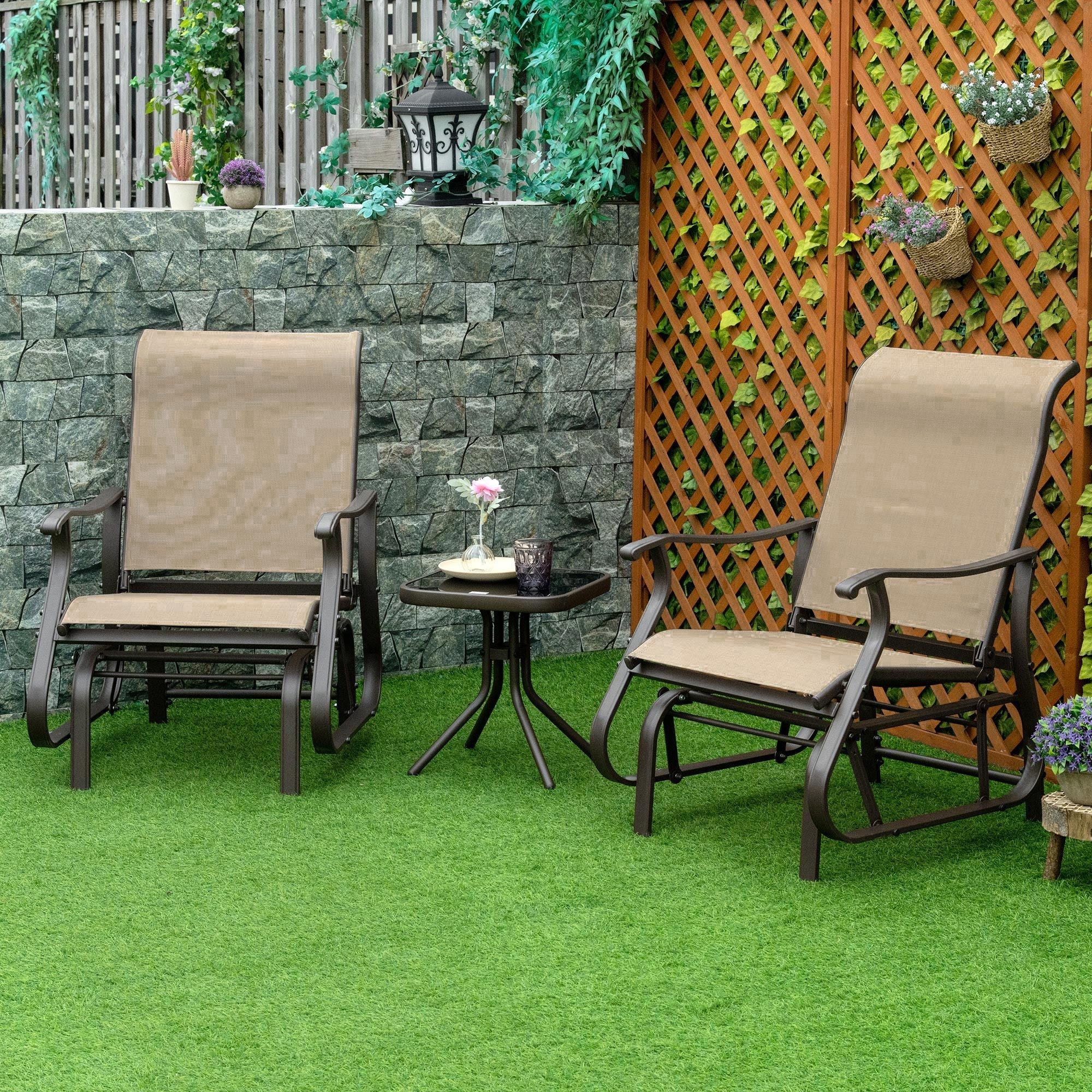 Outsunny 3-Piece Gliding Chair & Tea Table Set, Outdoor 2 Rocker Seats with Steel Frame, Tempered Glass Tabletop, Garden Patio Furniture, Grey