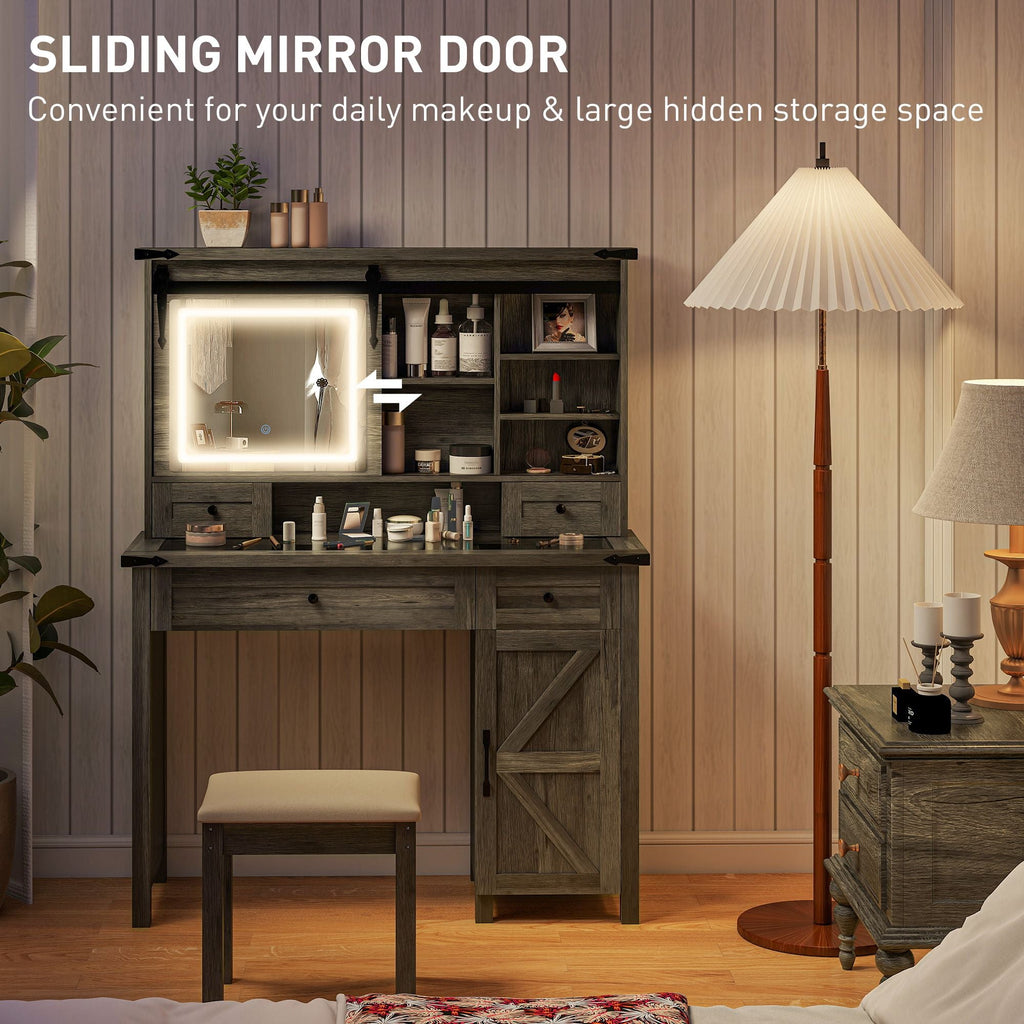 HOMCOM Vanity Desk Set with Mirror and Lights, Cushioned Stool, Storage Drawer, Cabinet, Shelves for Bedroom, Gray