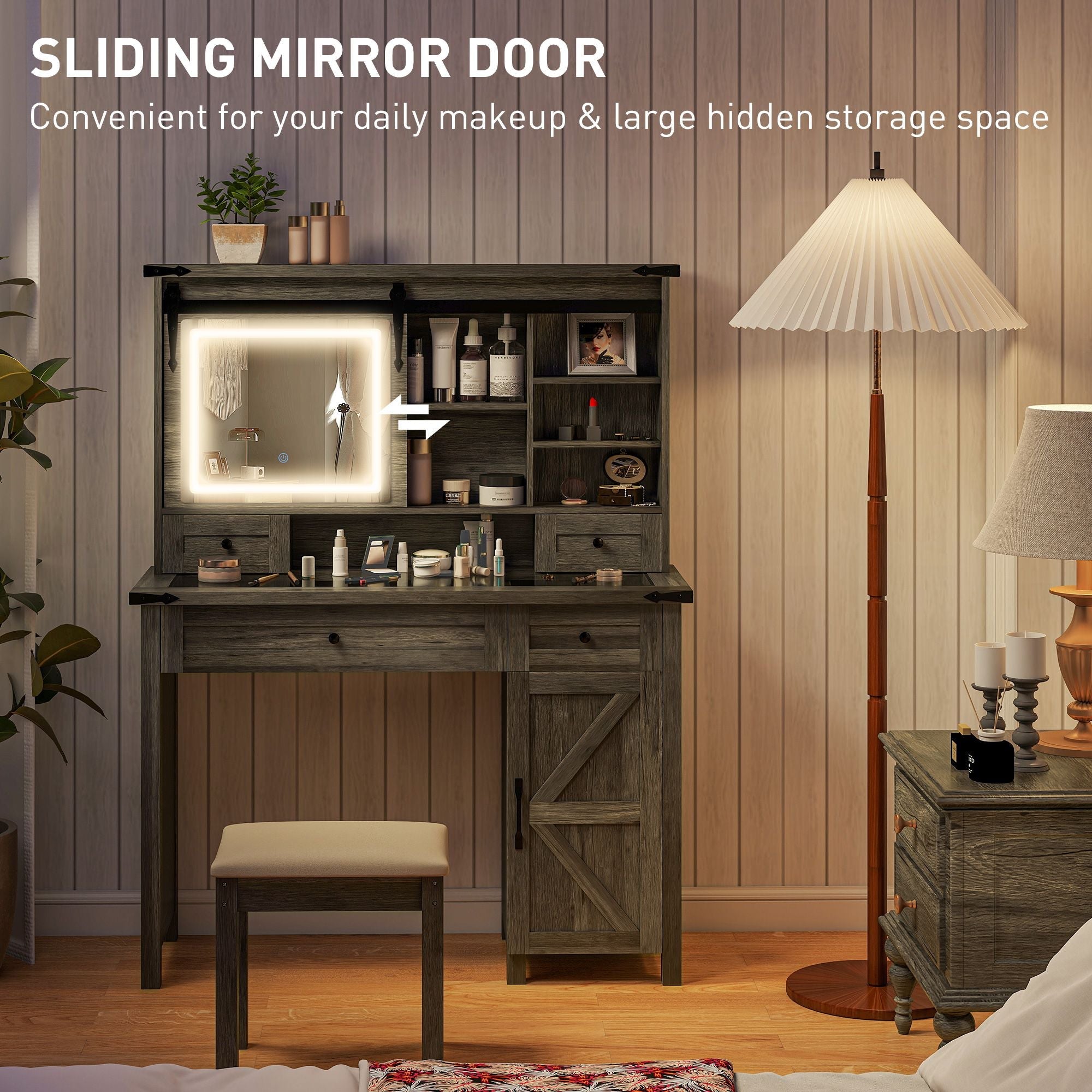 HOMCOM Vanity Desk Set with Mirror and Lights, Cushioned Stool, Storage Drawer, Cabinet, Shelves for Bedroom, Gray