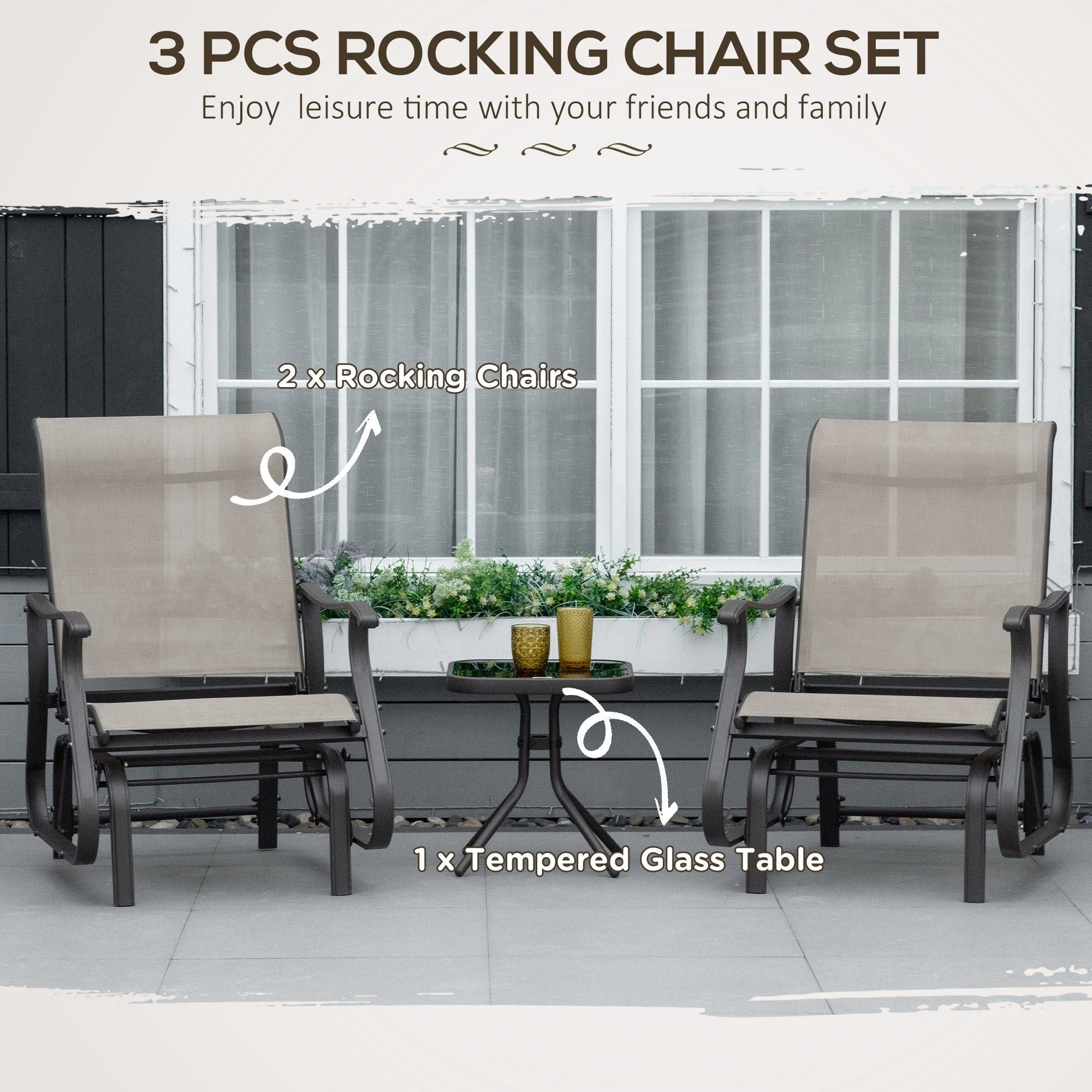 Outsunny 3-Piece Gliding Chair & Tea Table Set, Outdoor 2 Rocker Seats with Steel Frame, Tempered Glass Tabletop, Garden Patio Furniture, Grey