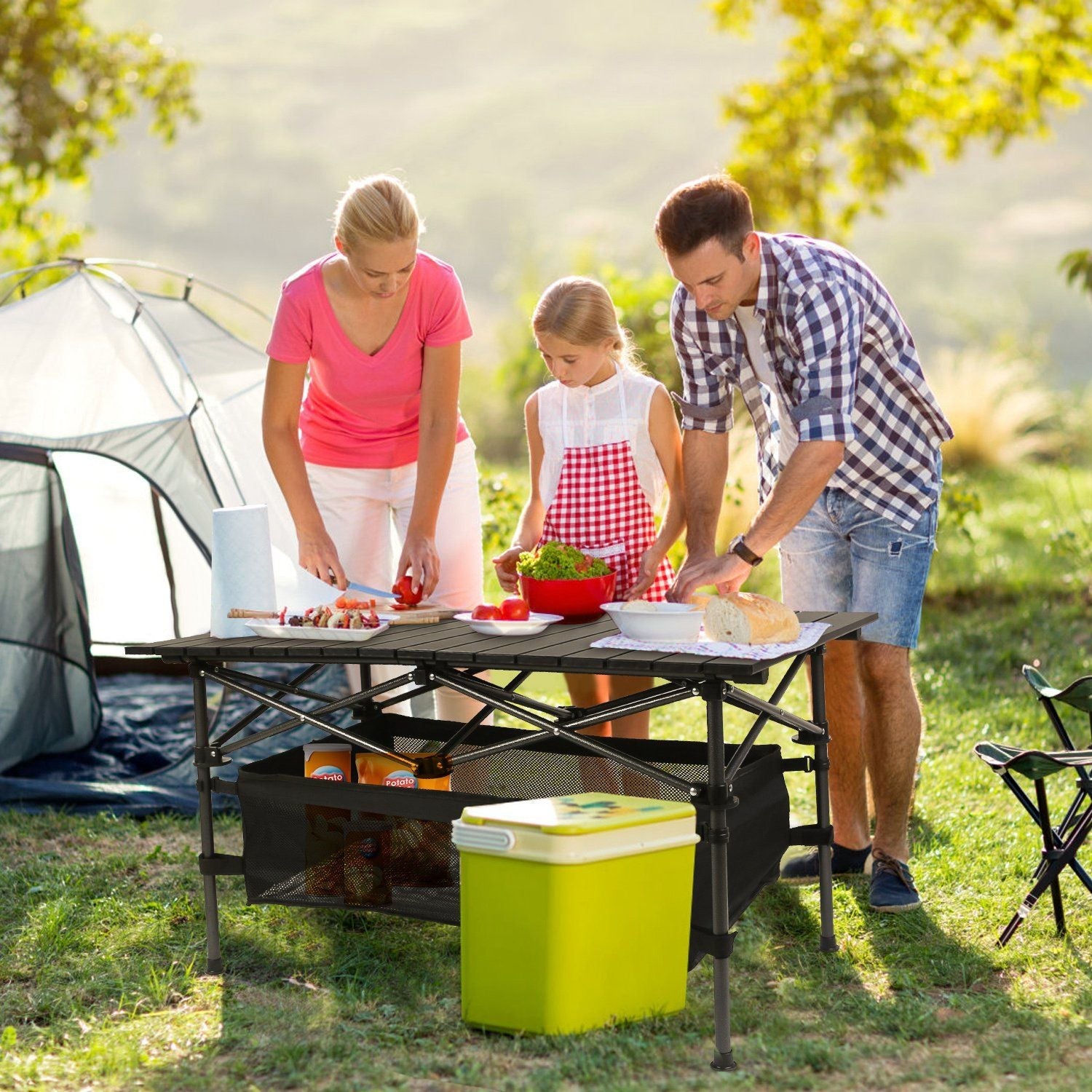 220 lb Capacity Foldable Camping Table | Aluminum Top & Steel Frame with Mesh Basket | Portable BBQ/Picnic/Beach Table Includes Carry Bag