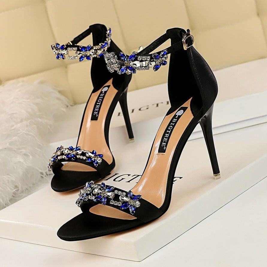 Women's Pumps; Sexy high-heeled shoes; formal women's shoes for banquet party; thin heel high-heeled shoes; satin open toe rhinestone one word sandals