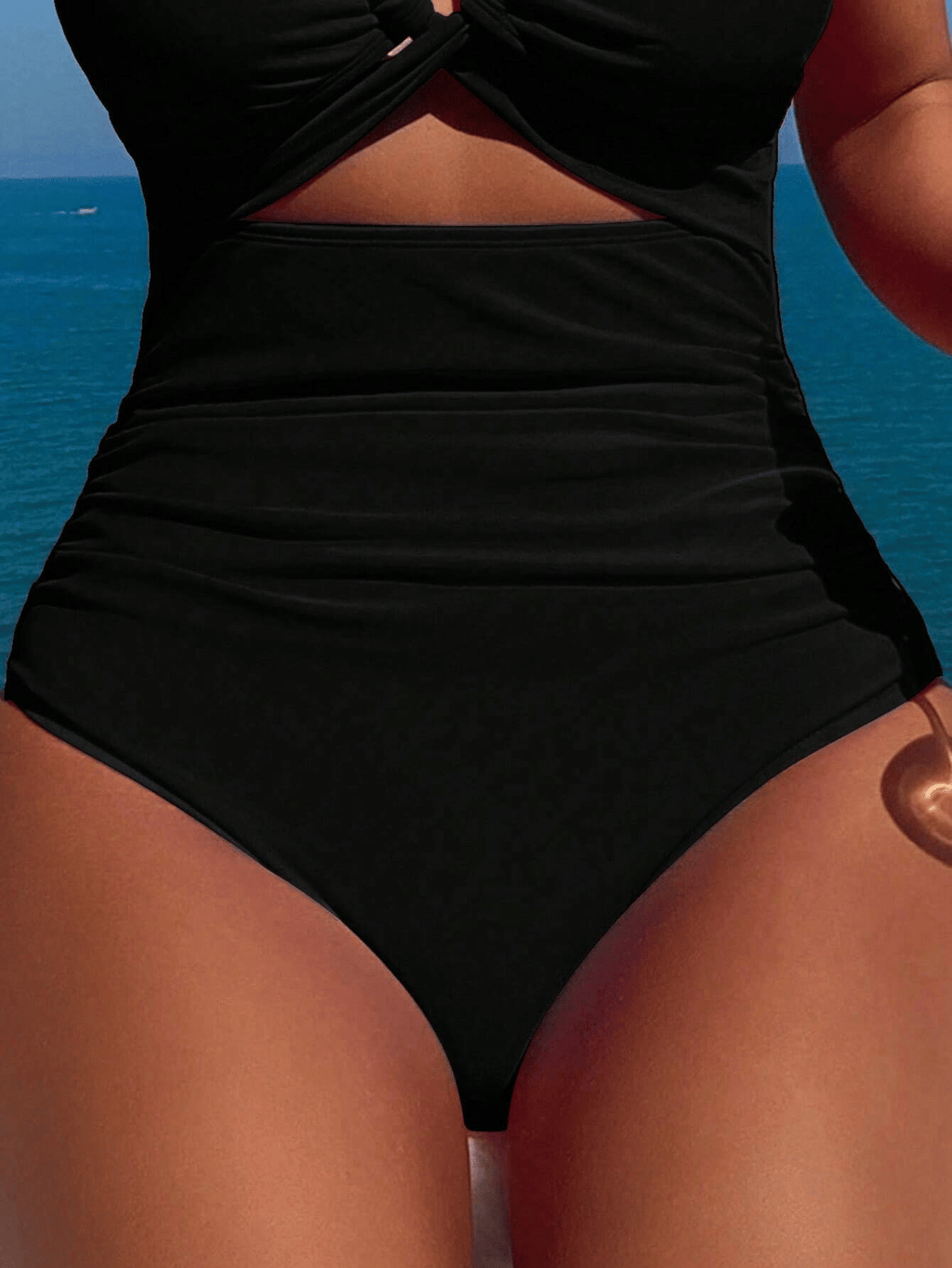 Ladies' cross pleated sexy hanging neck and exposed waist one-piece bikini swimsuit