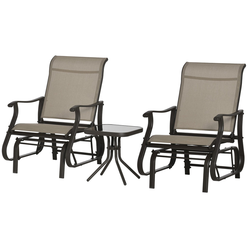 Outsunny 3-Piece Gliding Chair & Tea Table Set, Outdoor 2 Rocker Seats with Steel Frame, Tempered Glass Tabletop, Garden Patio Furniture, Grey