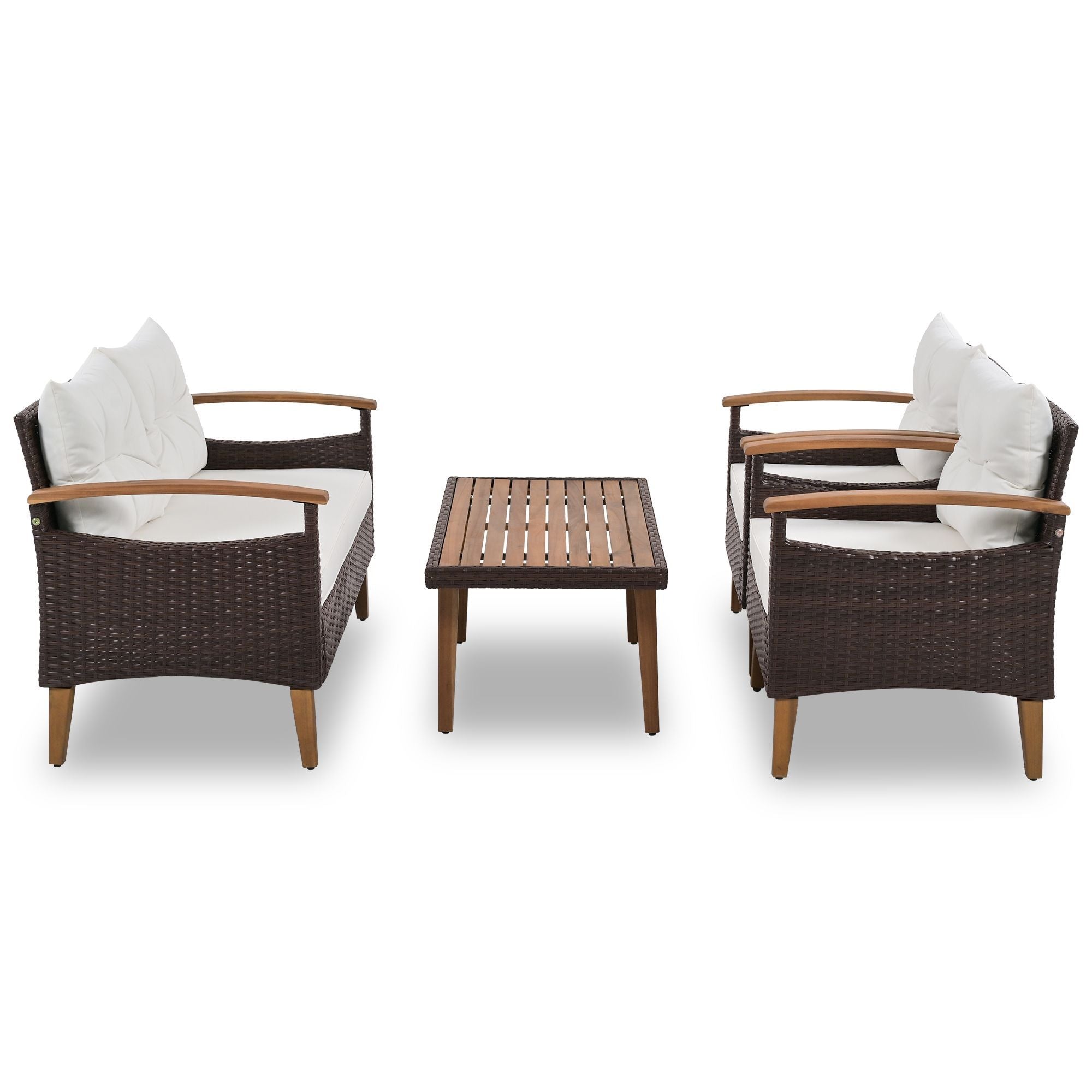 GO 4-Piece Garden Furniture, Patio Seating Set, PE Rattan Outdoor Sofa Set, Wood Table and Legs, Brown and Beige