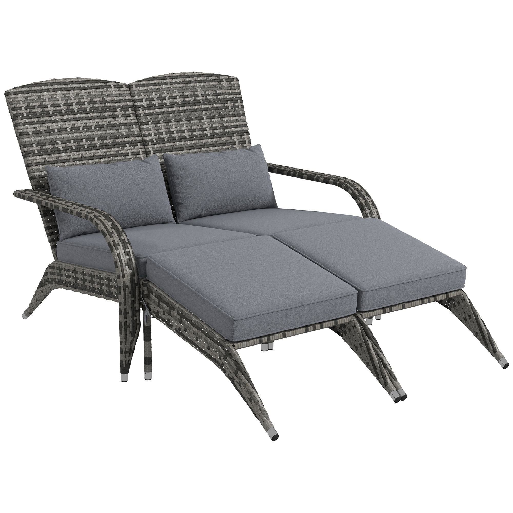 Outsunny Wicker Adirondack Chair for 2 with Cushions & Footrests, PE Rattan Double Chaise Lounge Chair, Fire Pit Chair for Porch with High-back, Wide Armrests, Mixed Gray