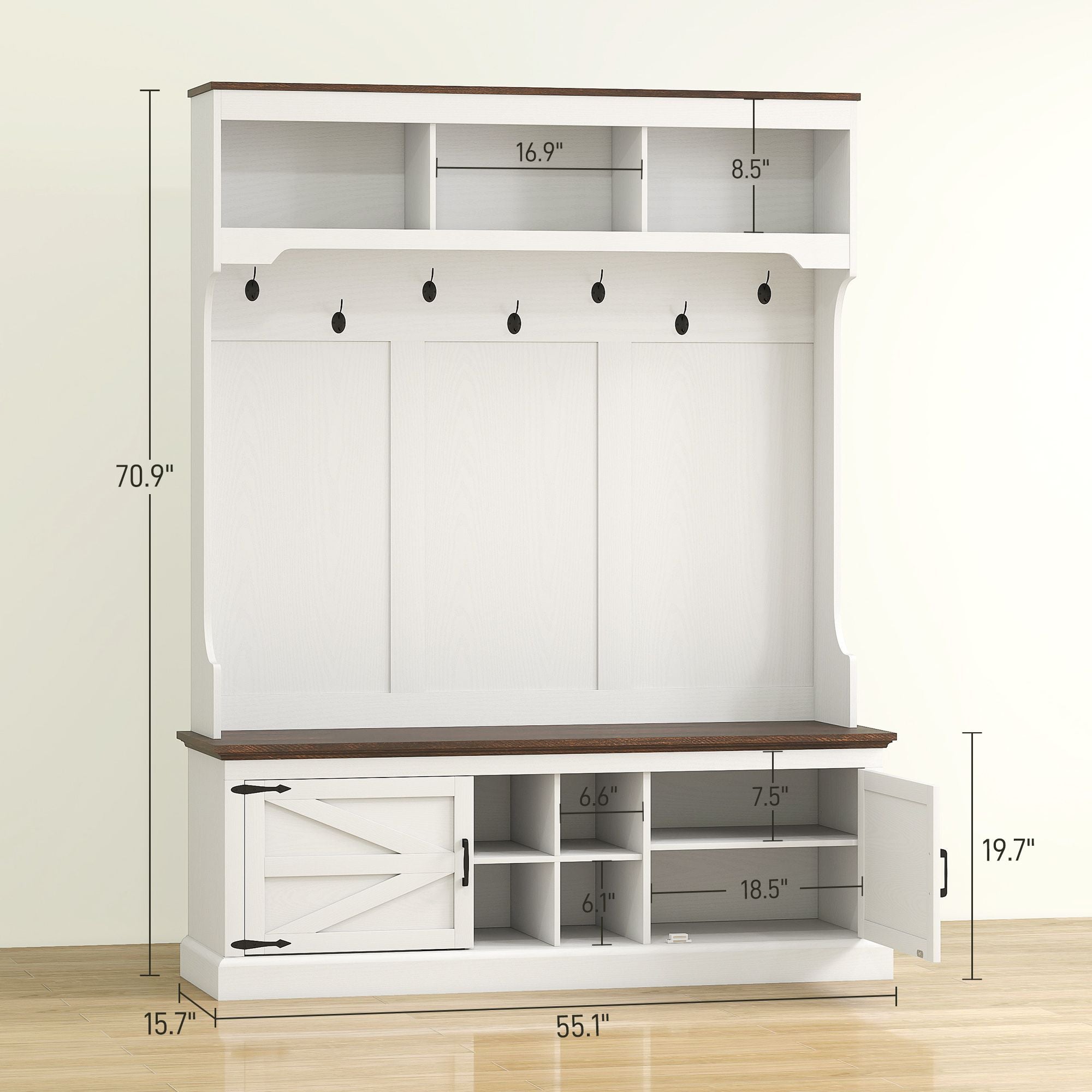 HOMCOM 3-in-1 Hall Tree with Shoe Storage, Coat Rack with Bench, Entryway Furniture with Hooks, White Wood Grain