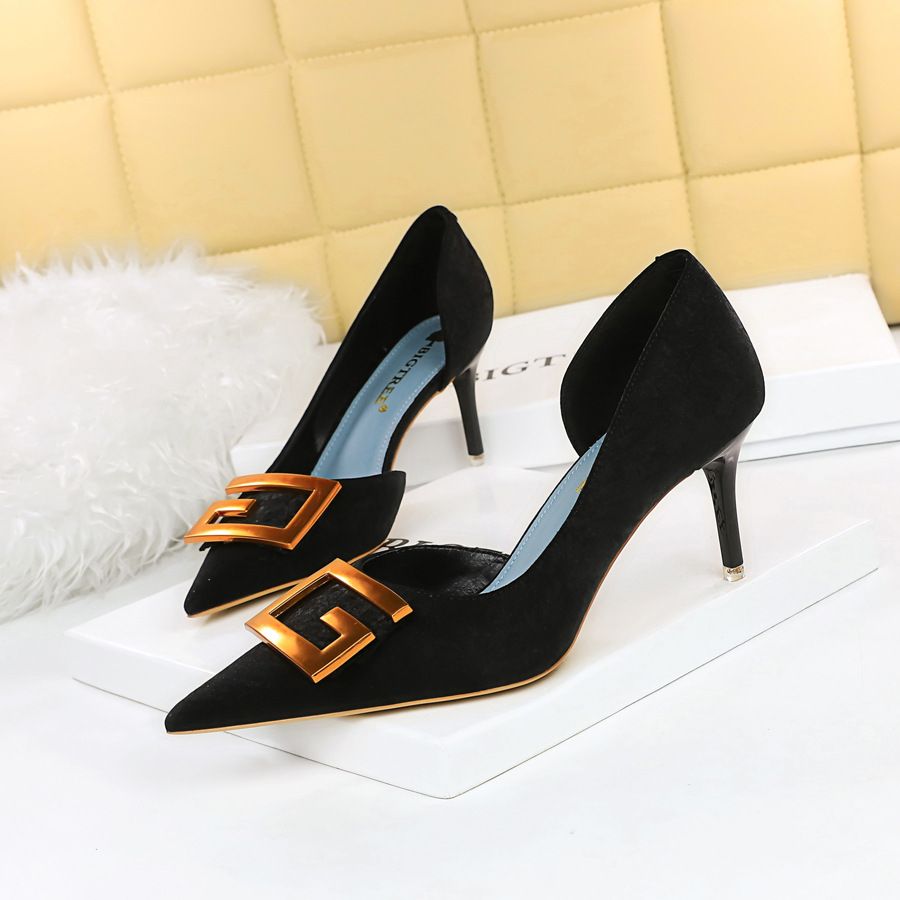 Women's Pumps; Sexy high heels; stiletto pointed hollow square metal buckle high heels; Fashional shoes