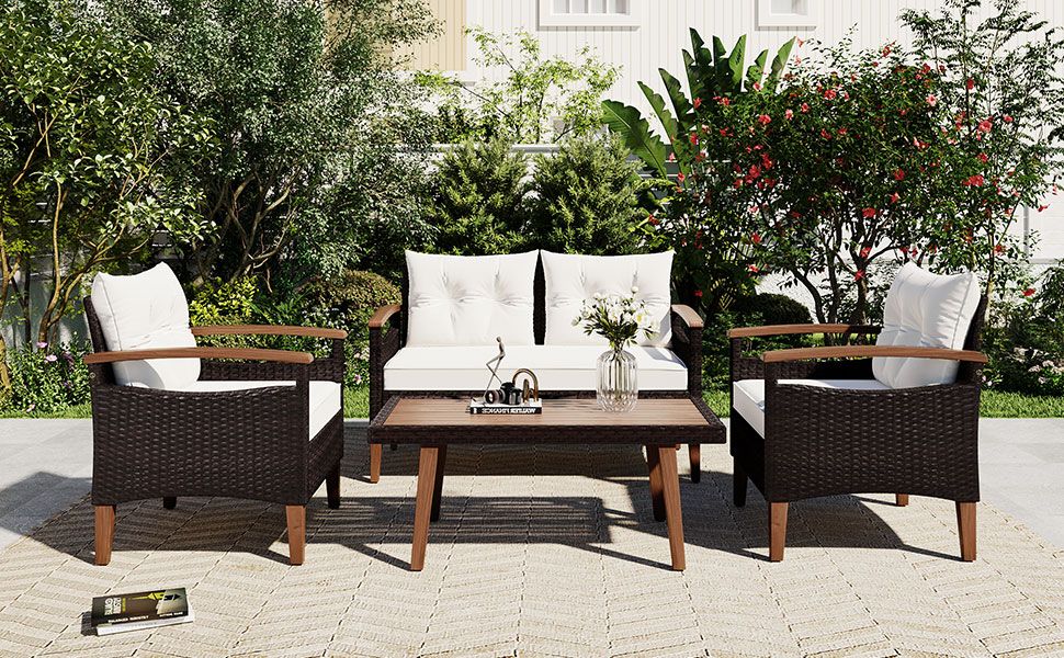 GO 4-Piece Garden Furniture, Patio Seating Set, PE Rattan Outdoor Sofa Set, Wood Table and Legs, Brown and Beige