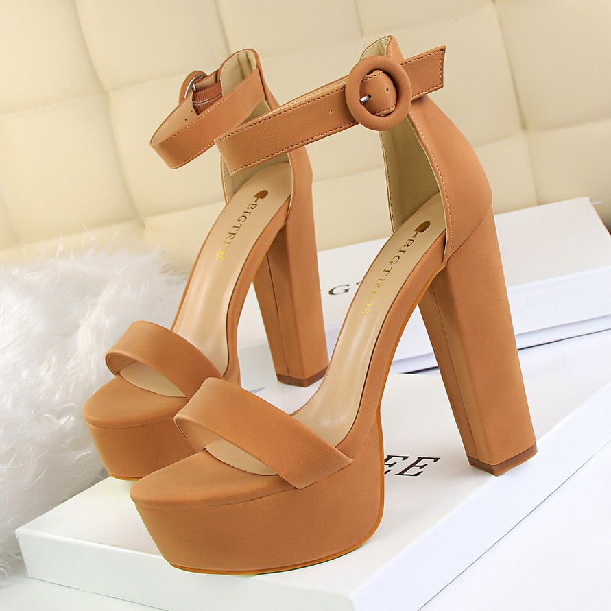 Women Pumps; Thick heel super thin high-heeled shoes; sexy women's shoes; open toe; belt buckle sandals