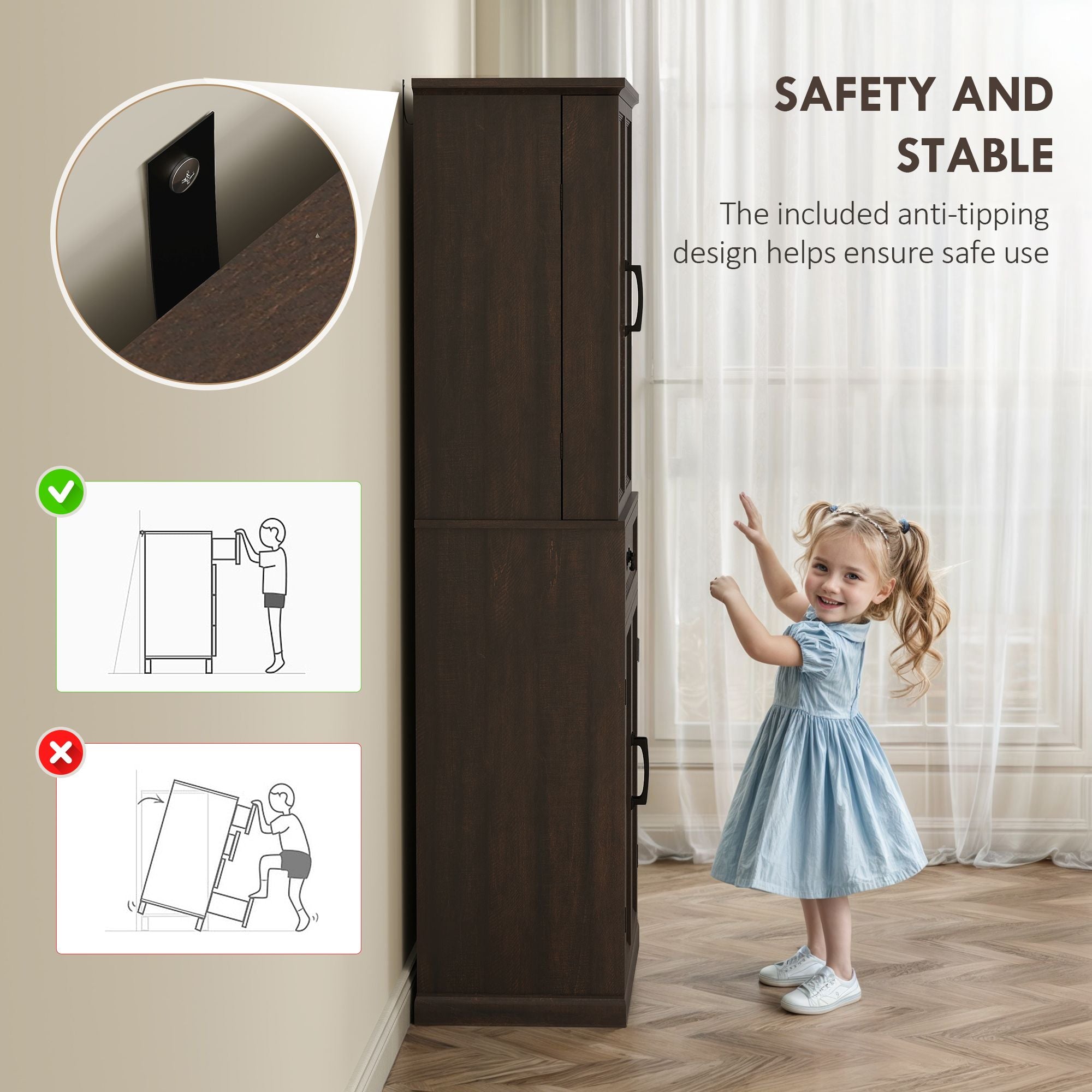 HOMCOM 71" LED Kitchen Pantry Cabinet, Farmhouse Storage Cabinet with Door Shelves, Distressed Brown