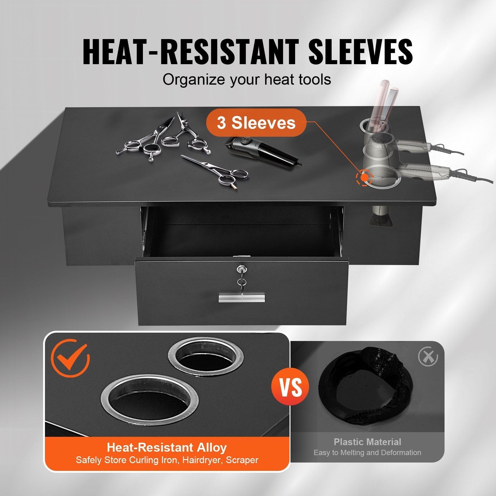 VEVOR Wall-Mounted Salon Workstation, Equipped with 3 Holders for Hair Dryers, Secure Drawer with Lock, Ideal for SPA, Hairdressing Salons, Home & Bathroom Use, in Sleek Black