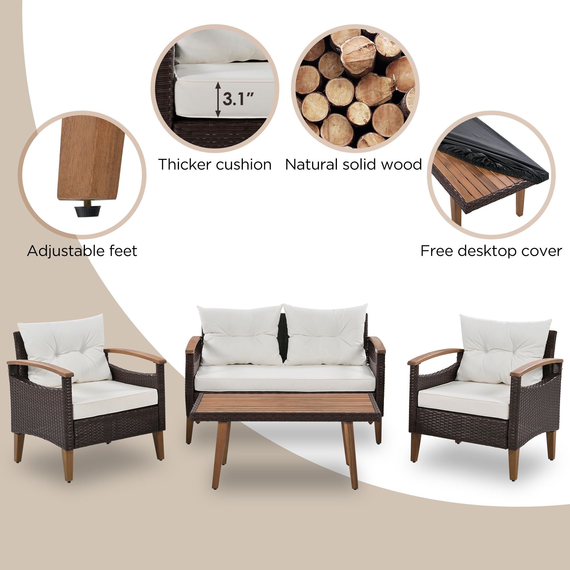 GO 4-Piece Garden Furniture, Patio Seating Set, PE Rattan Outdoor Sofa Set, Wood Table and Legs, Brown and Beige