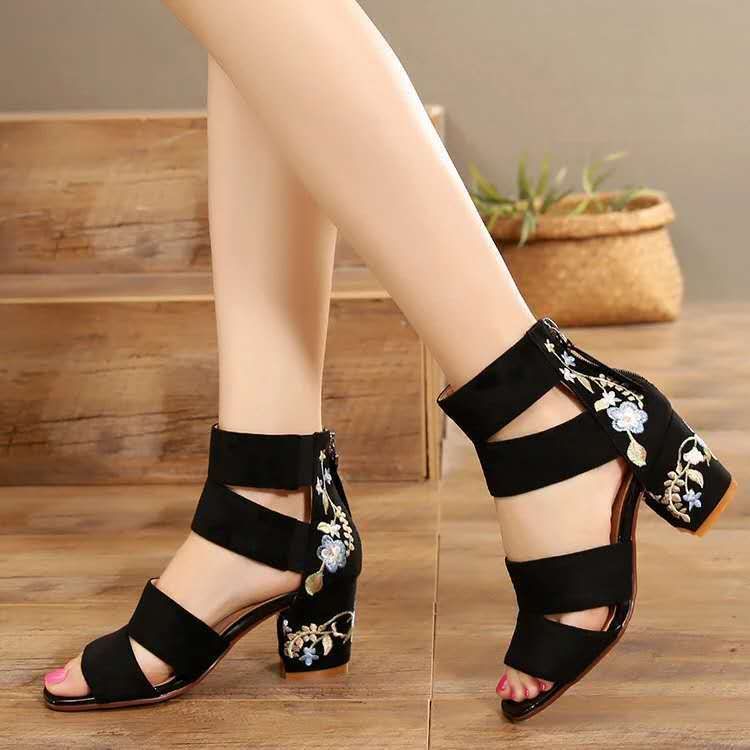 Ethnic Style Embroidered Mid-heel Sandals, Summer Casual Thick Heels Elegant Vintage Open-toed Embroidered Shoes, Women's Shoes
