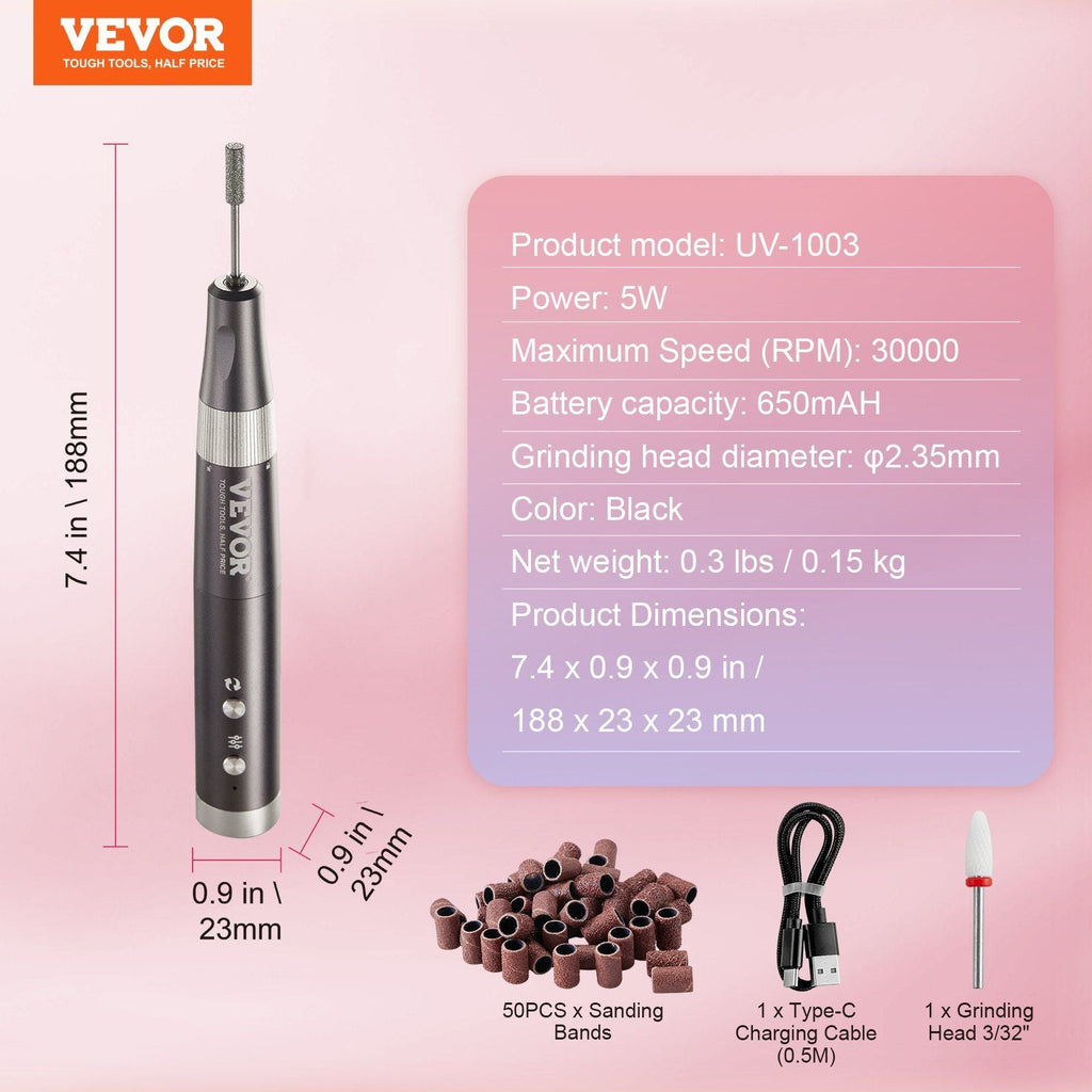 VEVOR Electric Cordless Nail Drill, 30,000RPM Variable-Speed Rechargeable Nail E File Machine, Portable Manicure Pedicure Polisher with 50PCS Sanding Bands for Dead Skin Removal, Nail Surface Smooth