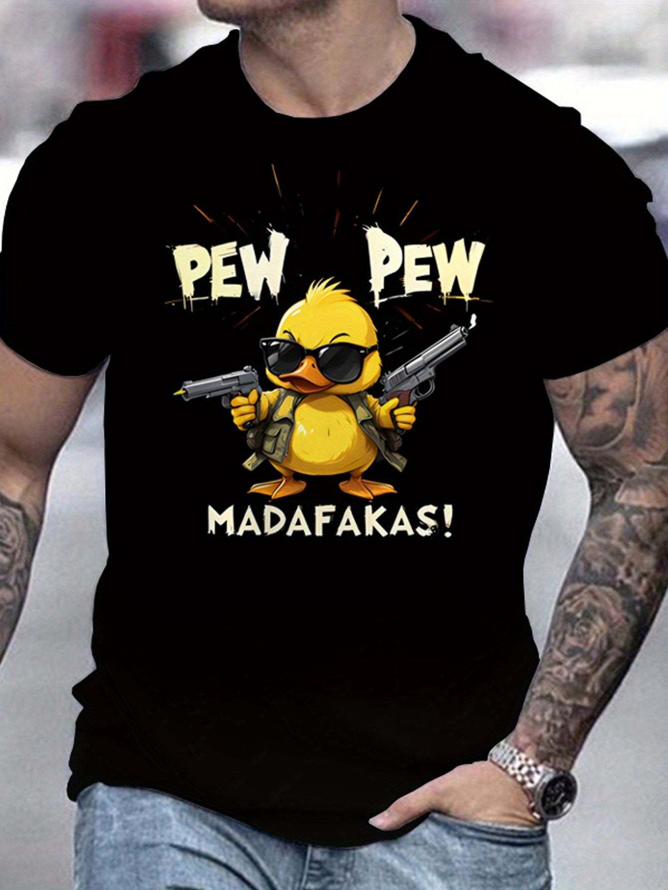 Fun Duck Pattern T-shirt - Breathable And Moisture Absorbing Polyester Fiber, Casual Round Neck Short Sleeve, Men's Summer Fashion Top